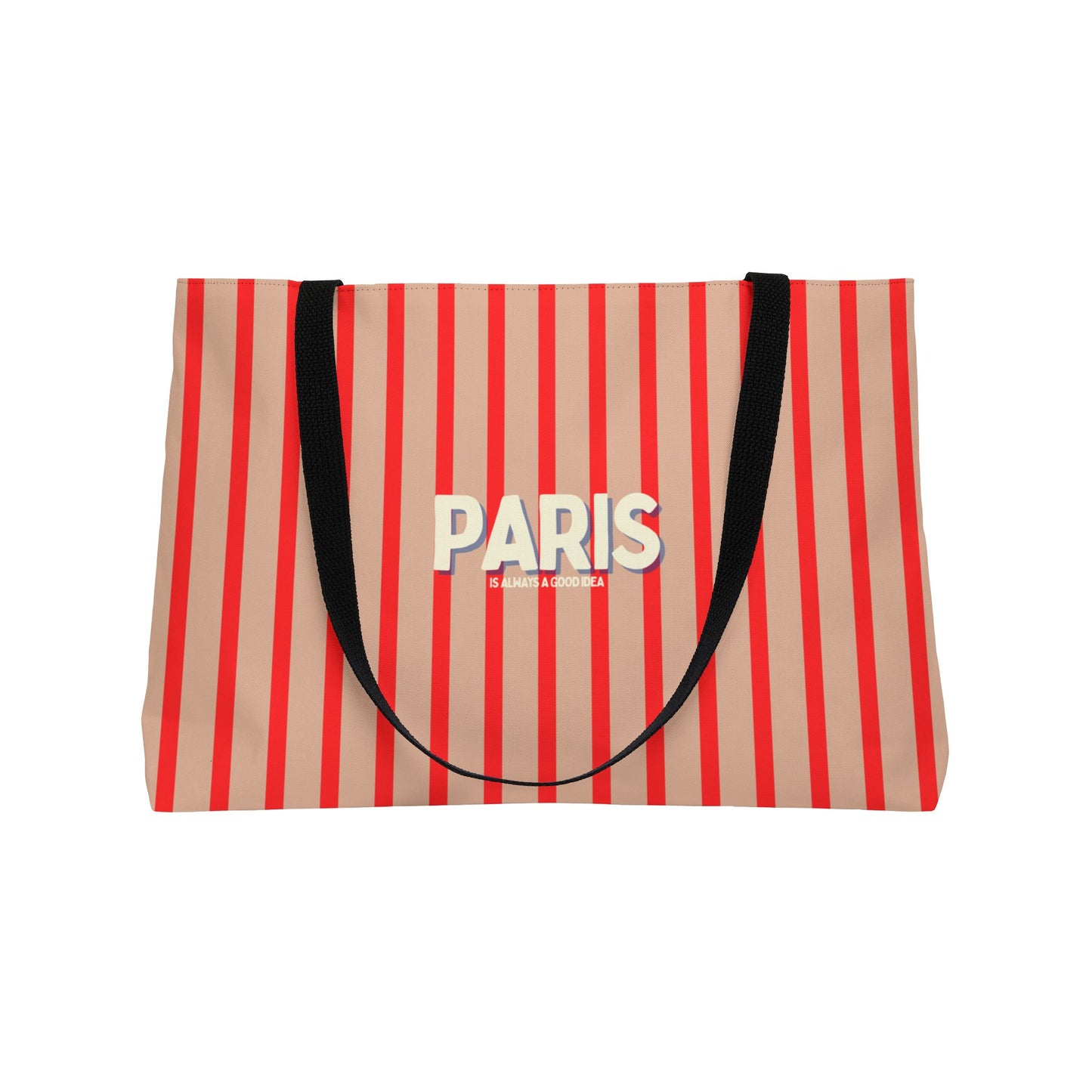 Striped bag with 'PARIS' text on a white background