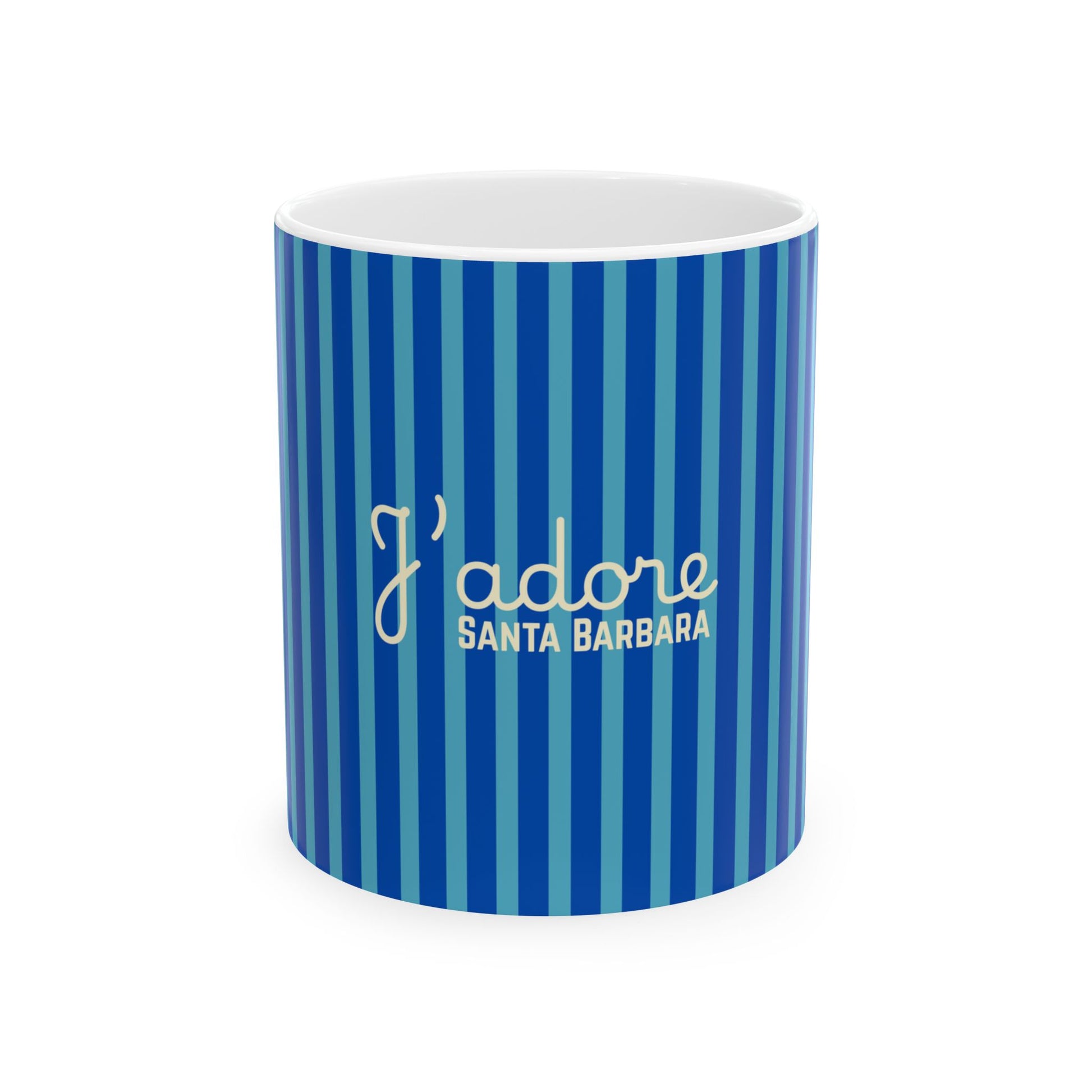 A ceramic mug with a vertical blue and light blue stripe pattern, featuring the text 'I adore SANTA BARBARA' in white script and block lettering on the front.
