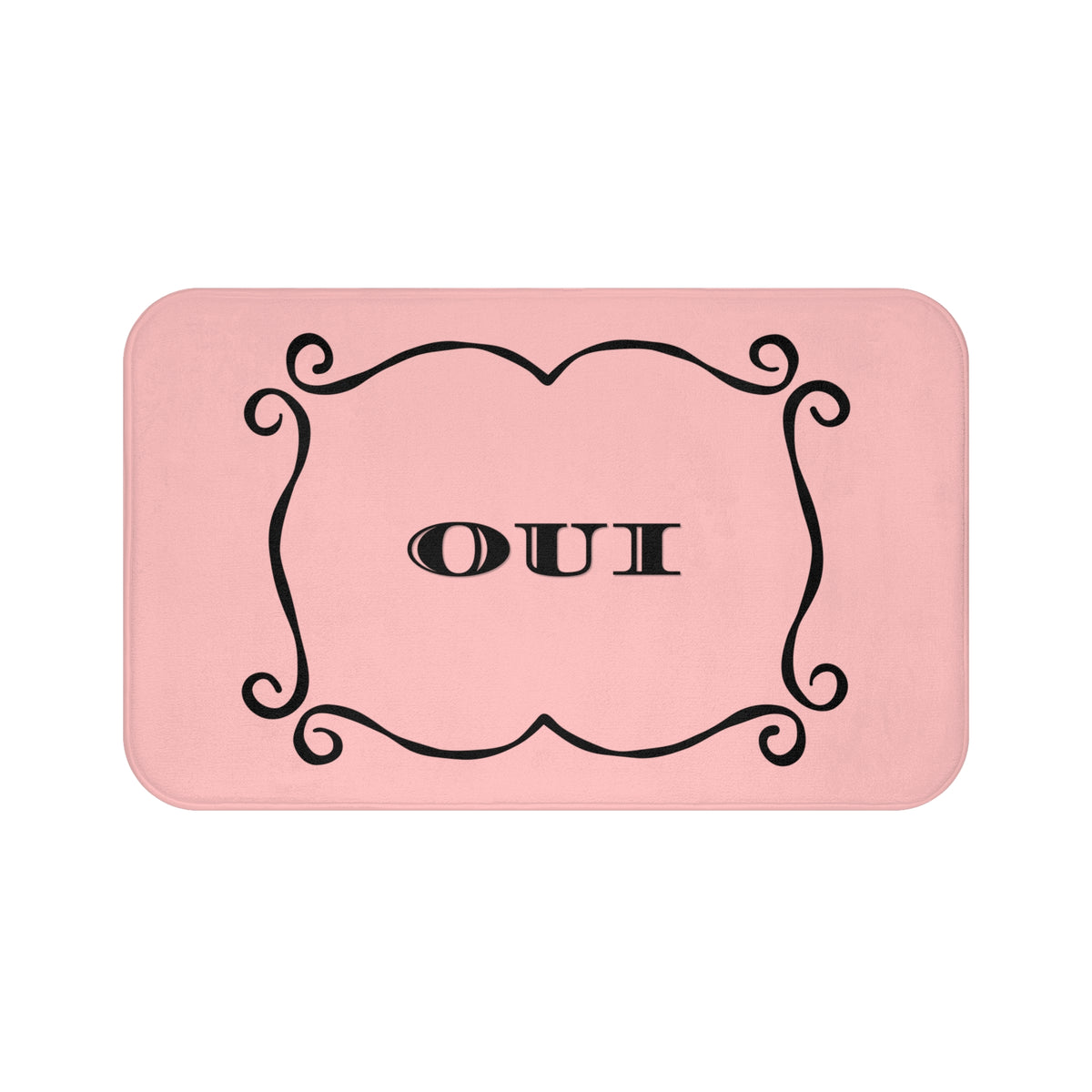 A rectangular pink mat with rounded corners, featuring a black decorative scroll border and the word 'OUI' in the center, shown on a plain white background.