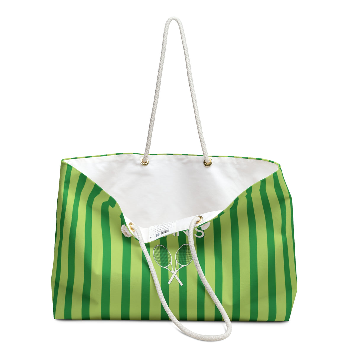 A tote bag with vertical green and light green stripes on the exterior, a white interior lining, and white rope handles, shown on a plain white background.