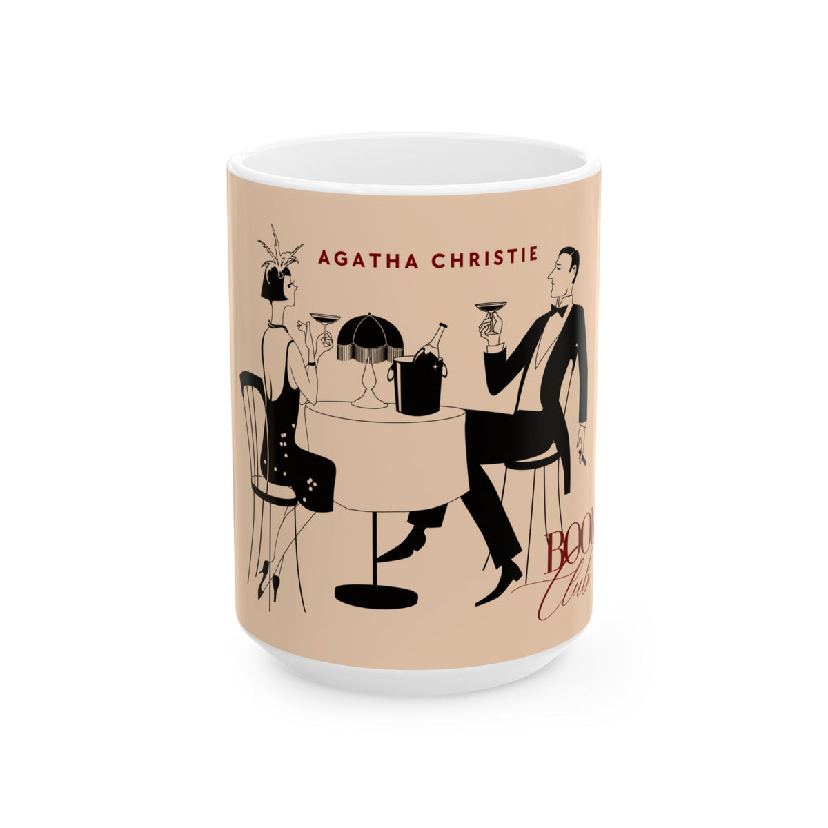 A white ceramic mug featuring a beige wrap-around print of Agatha Christie's 'Bohemian Club' illustration, showing a man and woman at a table with drinks.