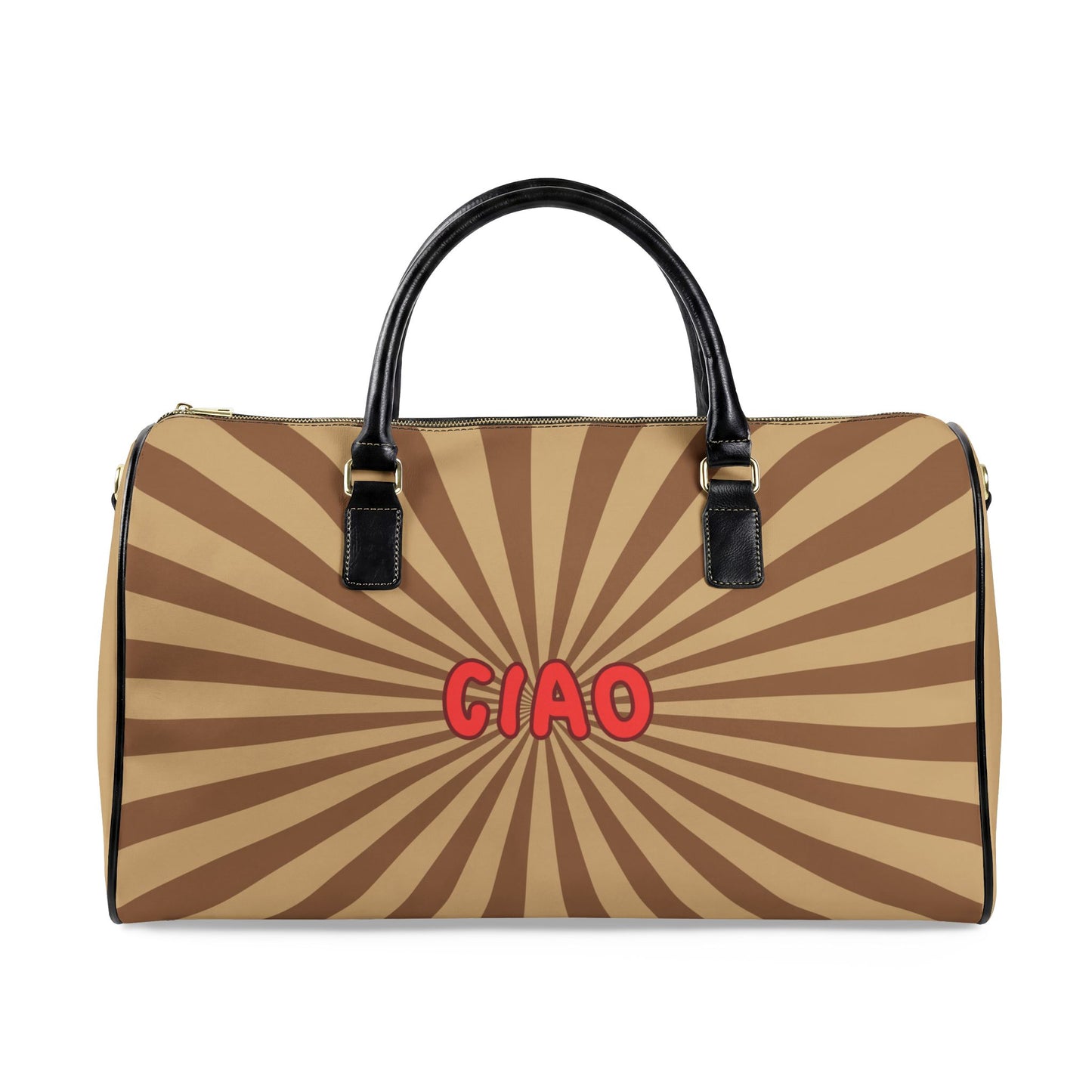 Chic Leather Travel Bag, Neutral — Retro Sunburst ‘CIAO’ Weekender Duffle