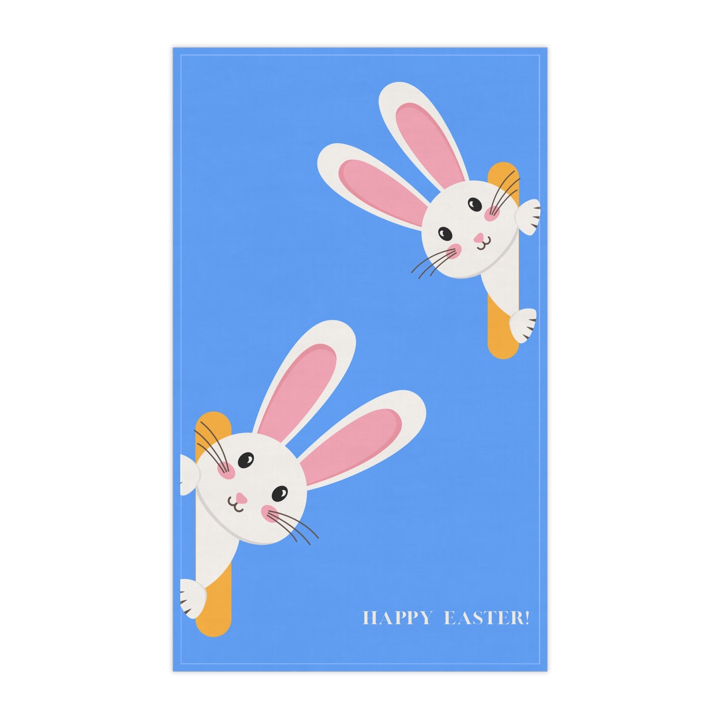Towel with cartoon bunnies and 'Happy Easter!' text on a blue background