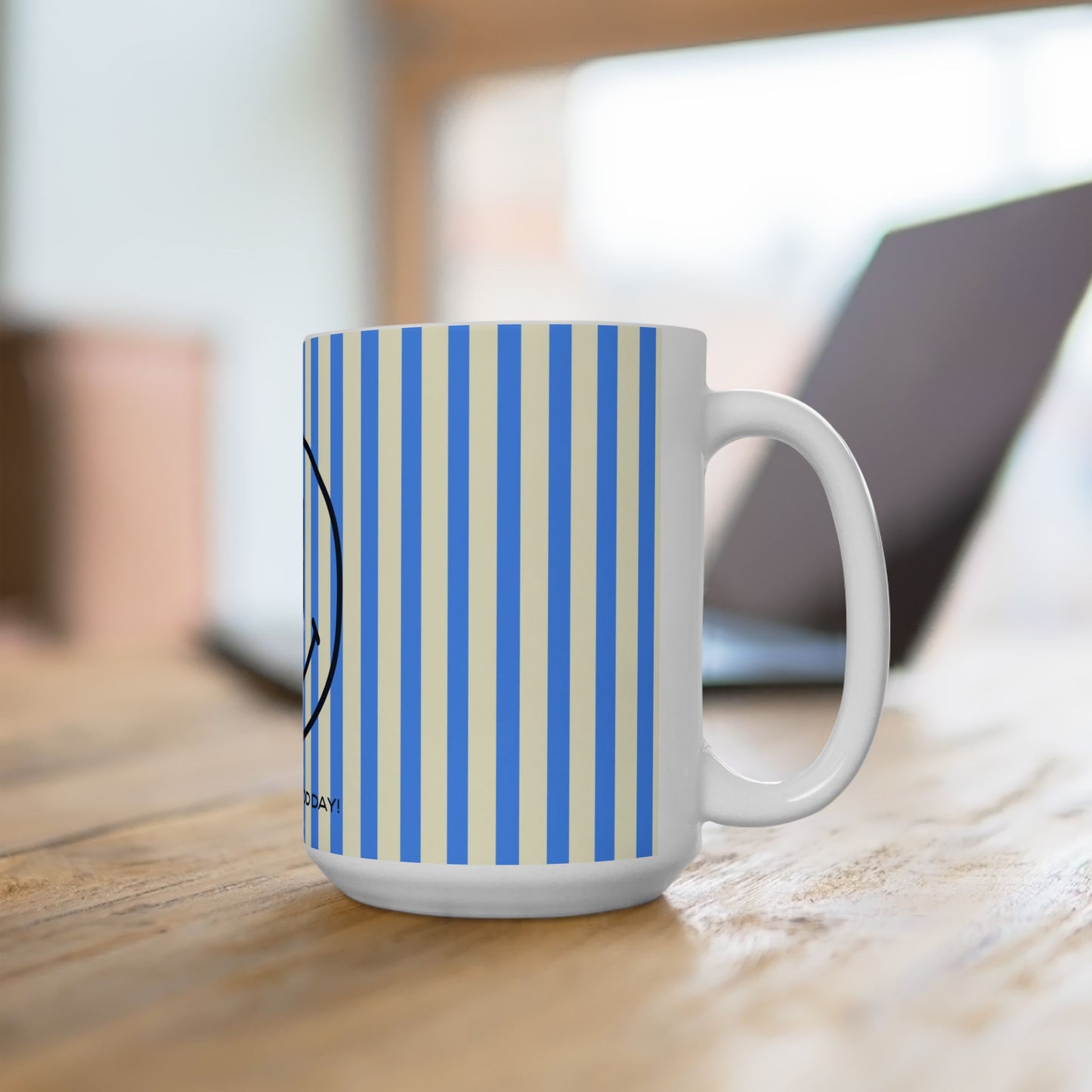 Smiley Face BLUE Stripe Ceramic Mug – "Have a Good Day" Coffee Cup