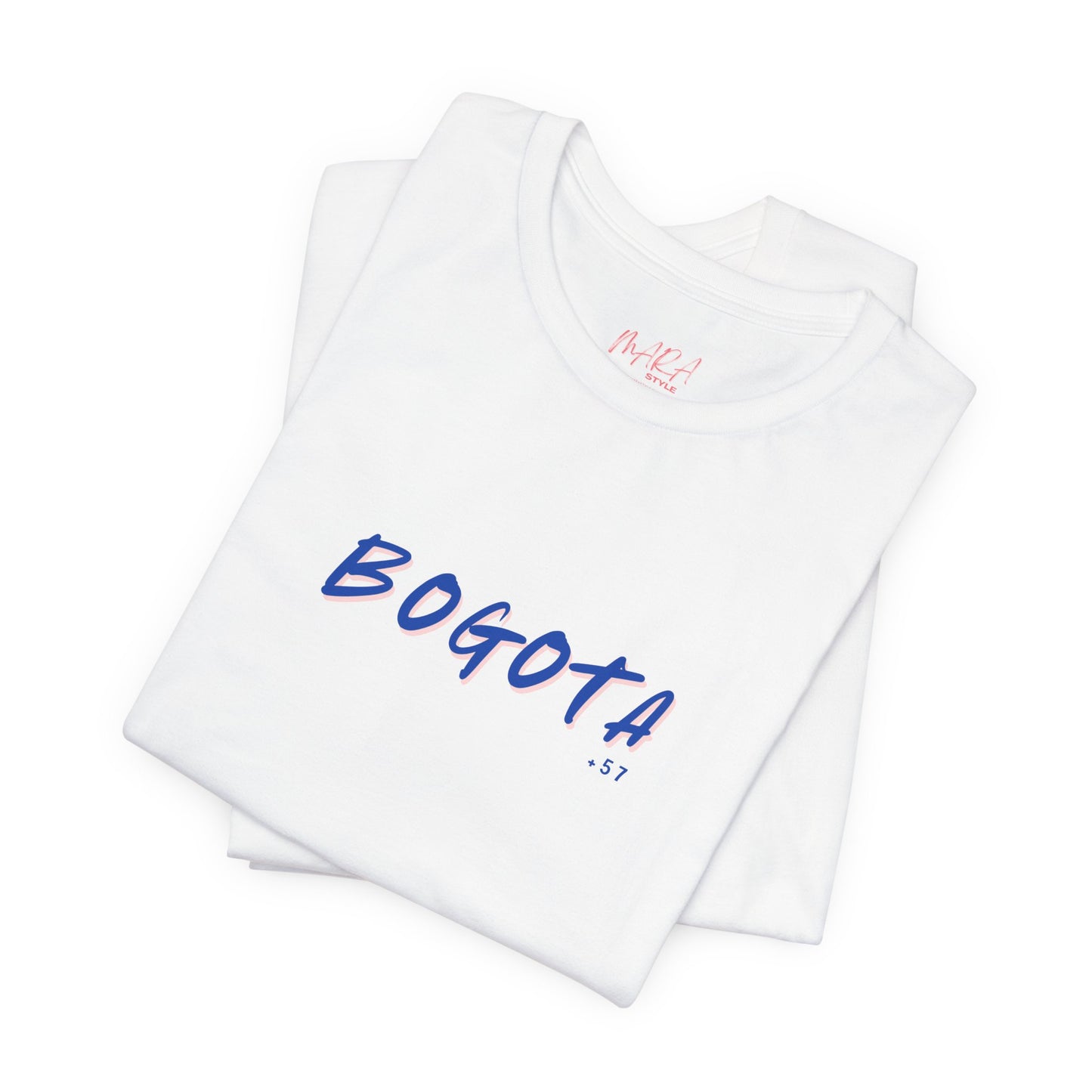 White t-shirt with 'BOGOTA' printed on it, folded and displayed against a white background.