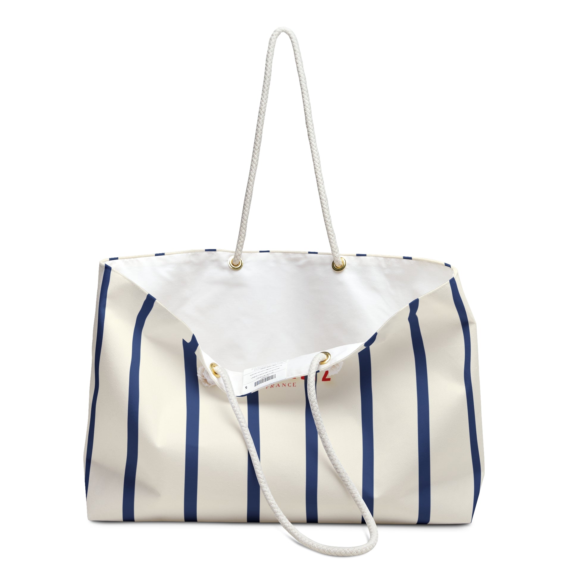 Gray tote bag with white text and handle on a white background