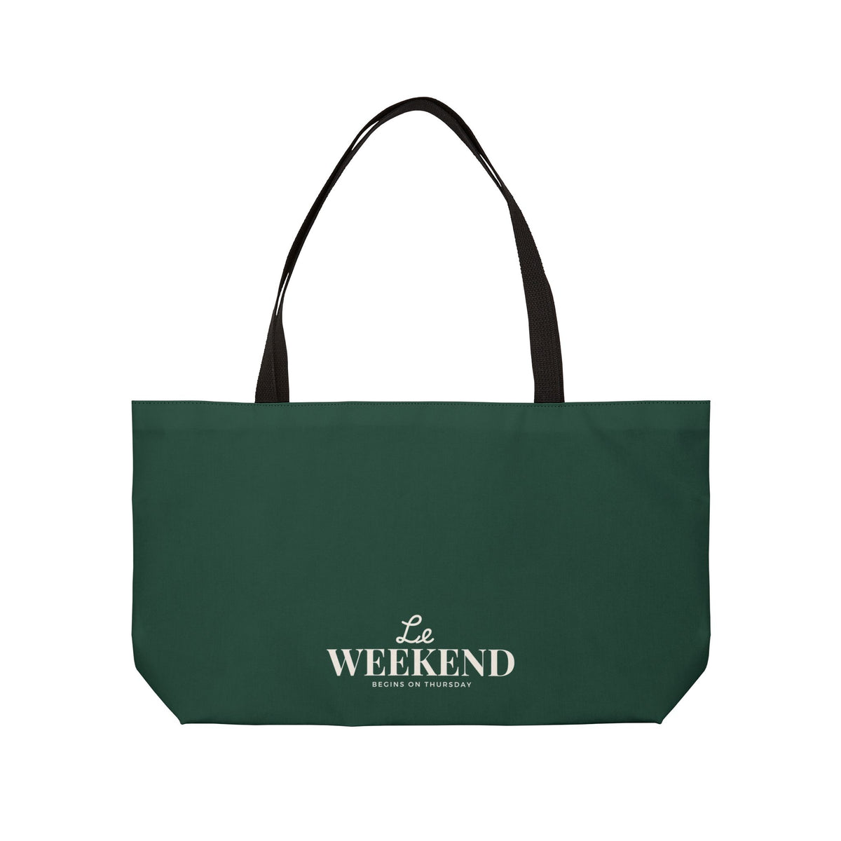 A dark green canvas tote bag with black shoulder straps and white printed text reading 'Le WEEKEND' on the front, shown against a plain white background.