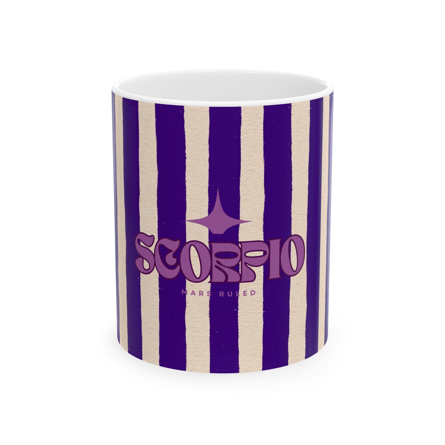 Mug with purple and white striped design and 'Scorpio' text on a white background
