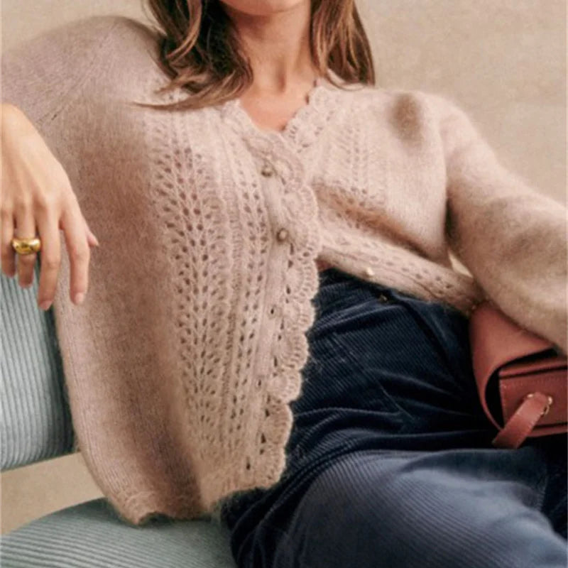 Romantic Crochet V-Neck Cardigan with Puff Sleeves | Fall Knits