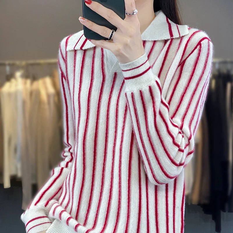 Retro Striped Women's Wool Pullover, Preppy Shirt