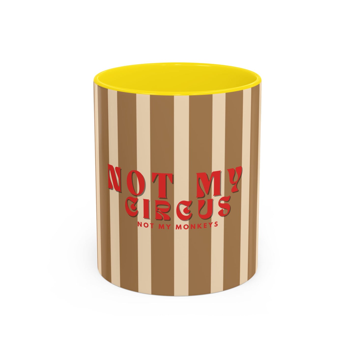 Striped container with yellow top and red text on a white background