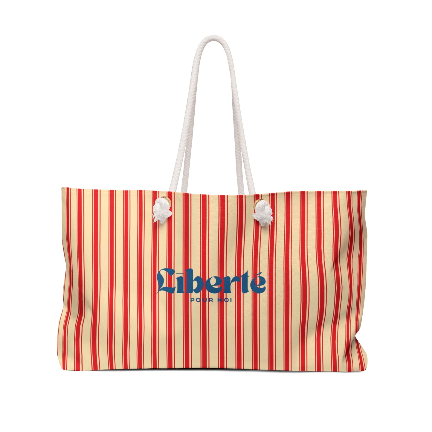 Striped bag with 'Liberté' text on a white background