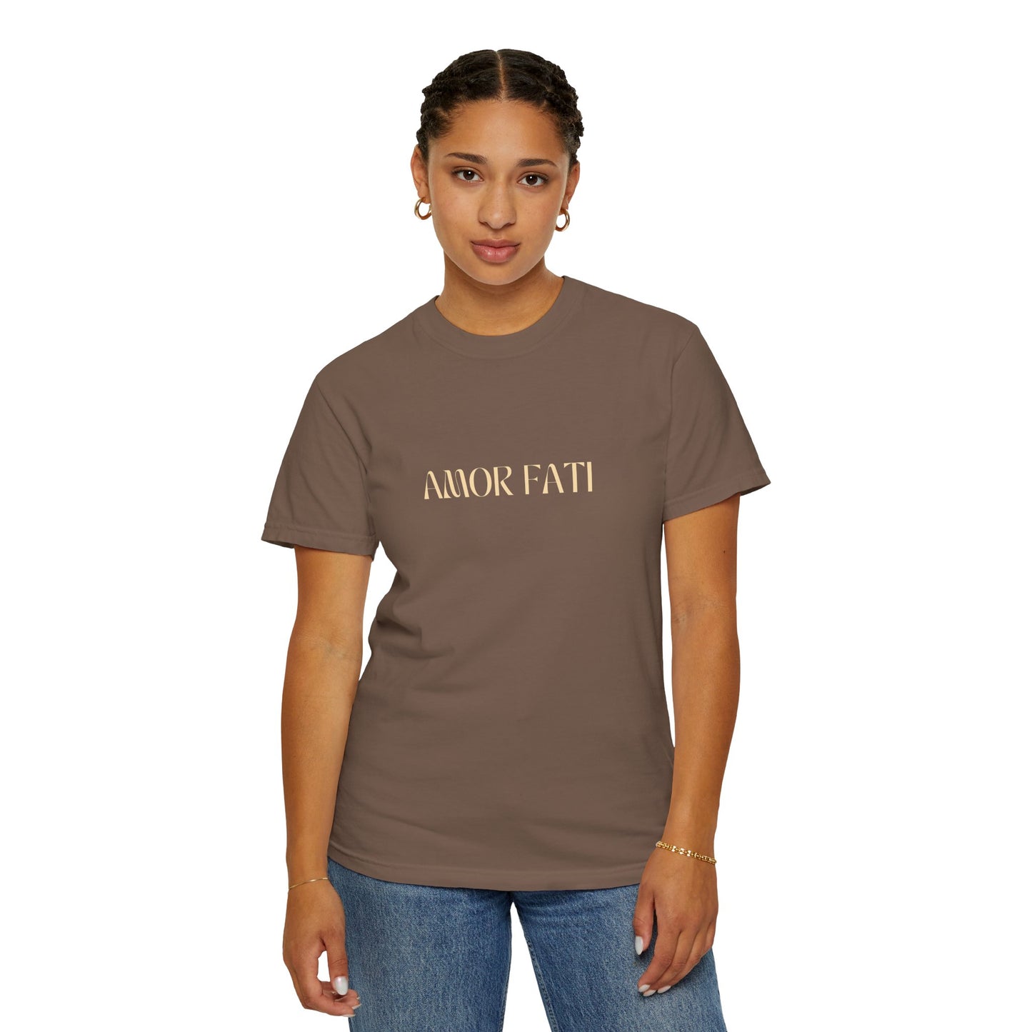 Person wearing a brown t-shirt with 'AMOR FATI' text on a white background