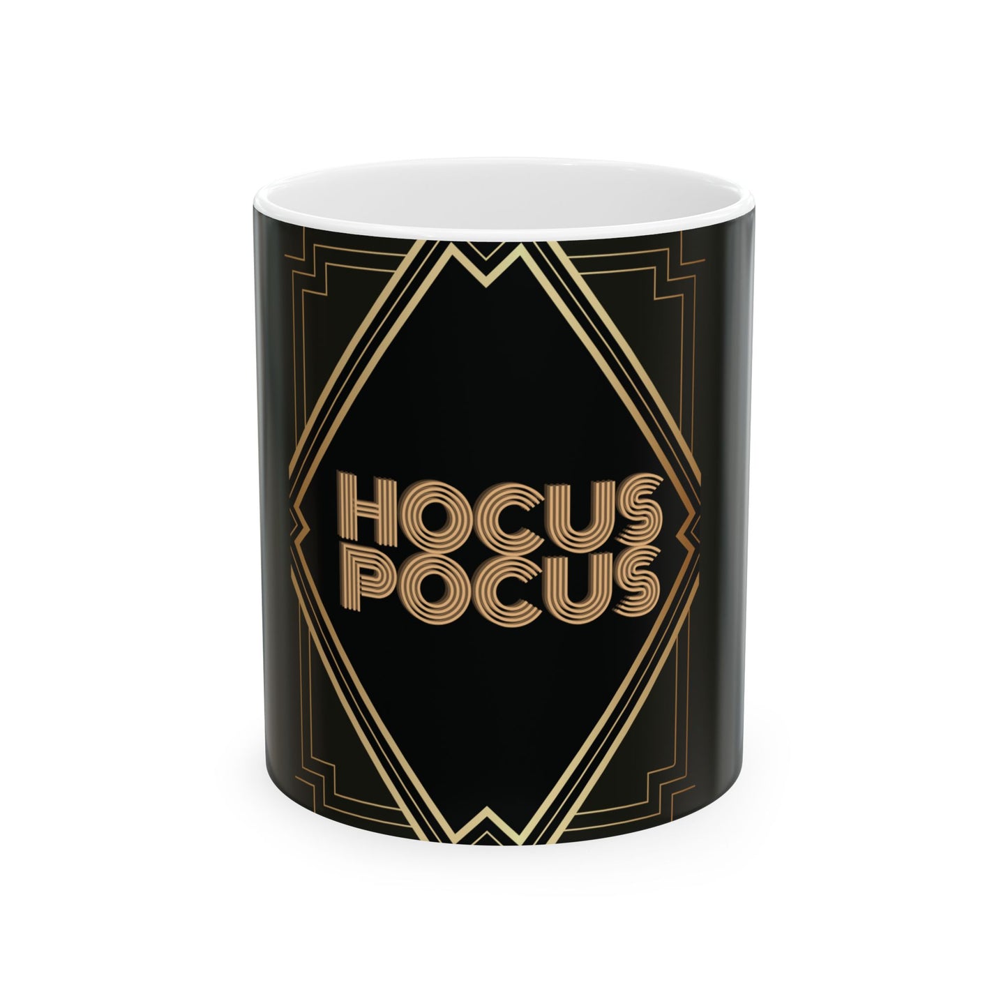 A black ceramic mug with a white interior, featuring a gold Art Deco style geometric border and the words 'HOCUS POCUS' in a gold outlined font on the front, set against a plain white background.
