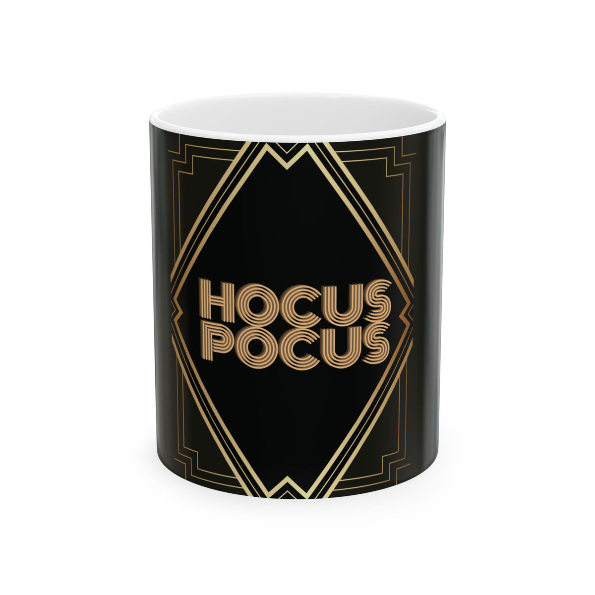 A black ceramic mug with a white interior, featuring a gold Art Deco style geometric border and the words 'HOCUS POCUS' in a gold outlined font on the front, set against a plain white background.