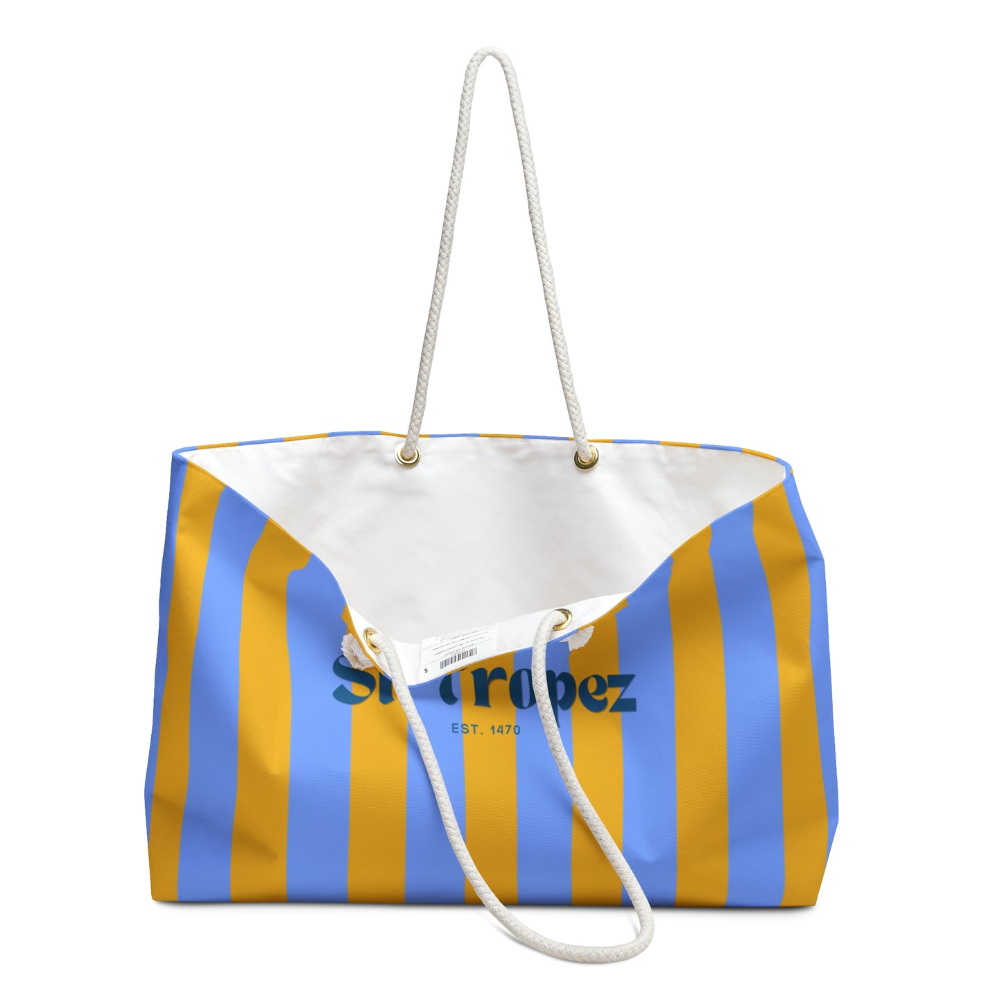 Striped bag with 'Superdez' branding on a white background