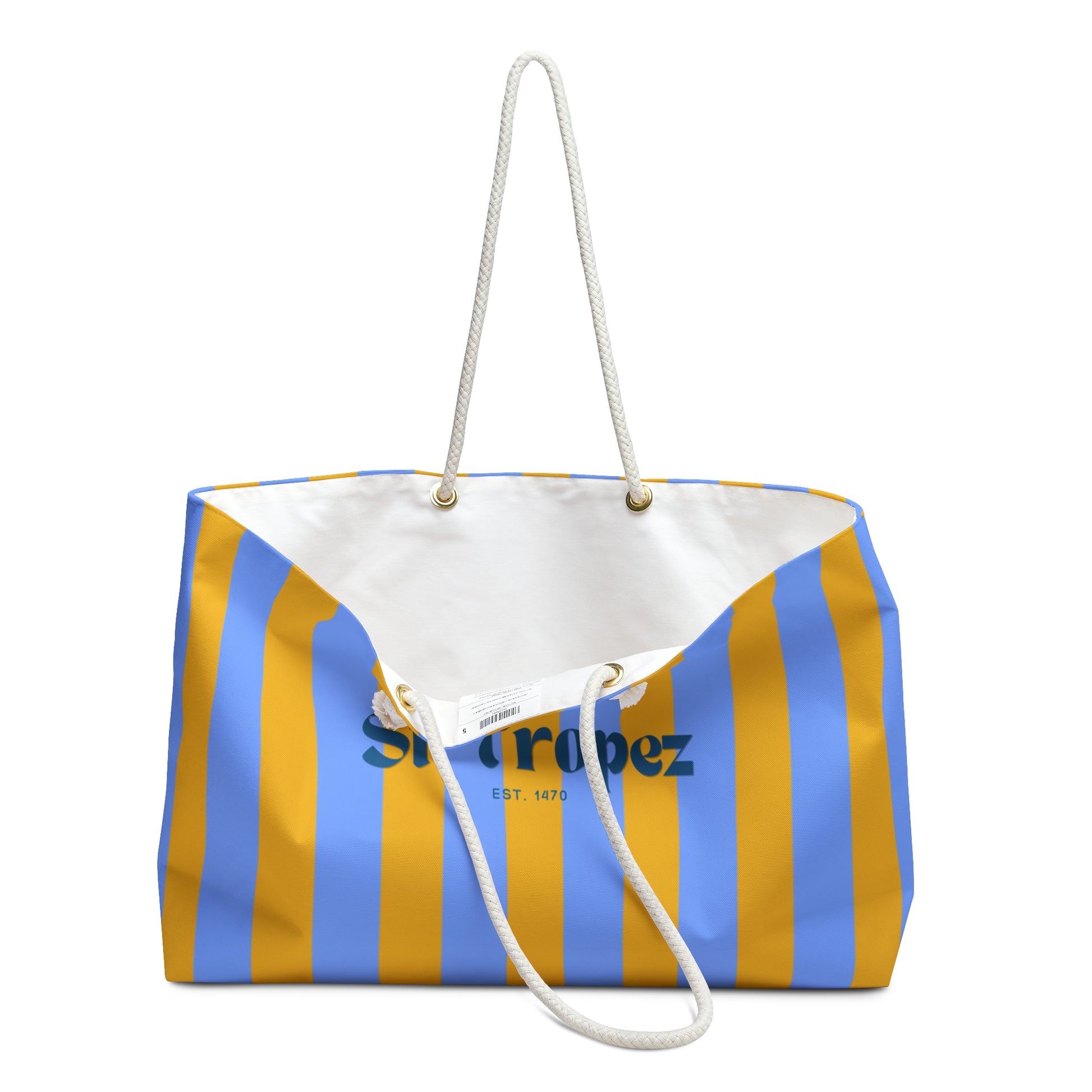 Striped bag with 'Superdez' branding on a white background