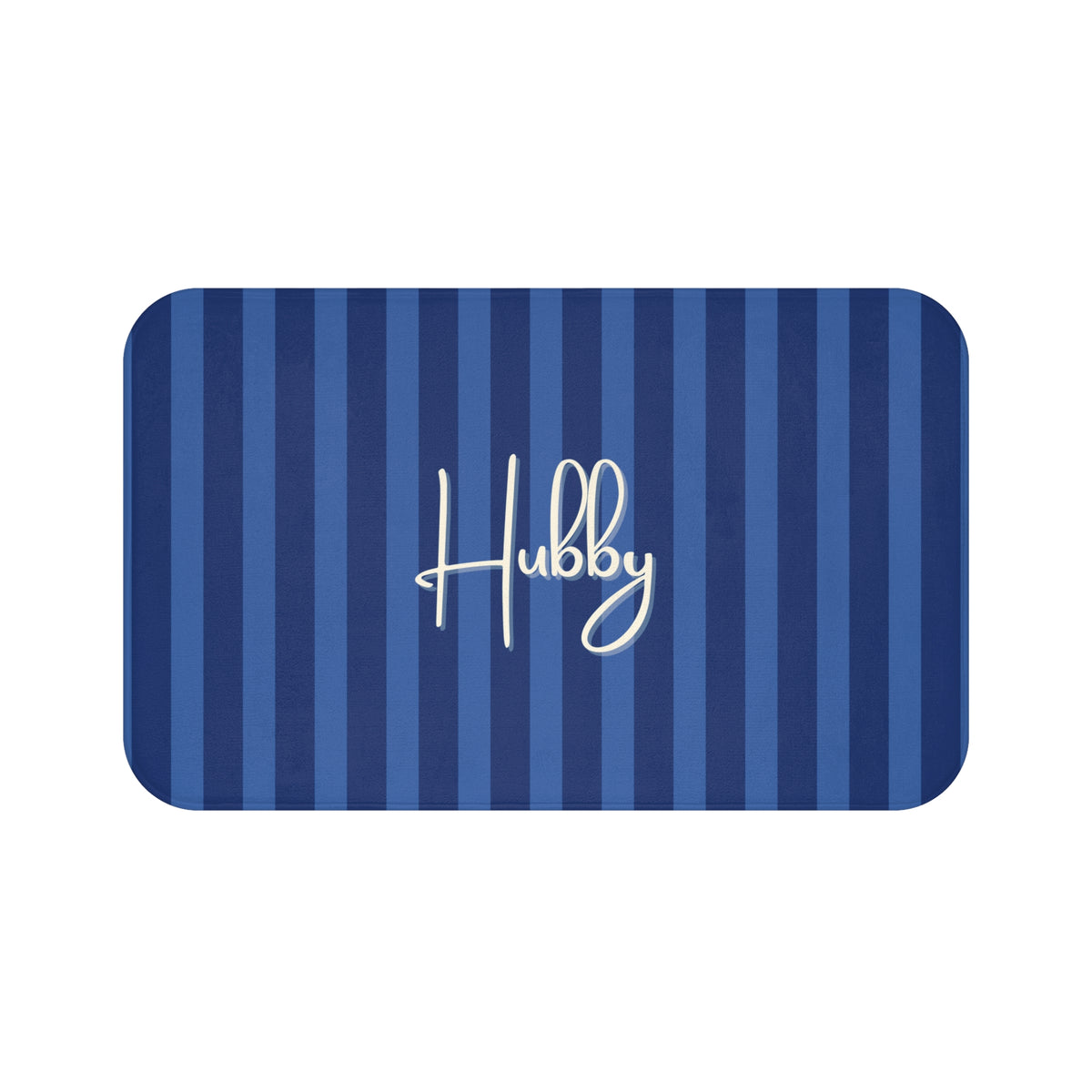 A rectangular doormat with rounded corners, featuring vertical navy and medium blue stripes with the name 'Hubby' written in white cursive script in the center.