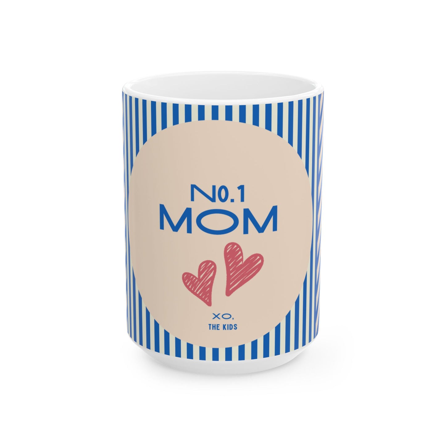 Mug with blue stripes and 'No. 1 Mom' text on a beige background