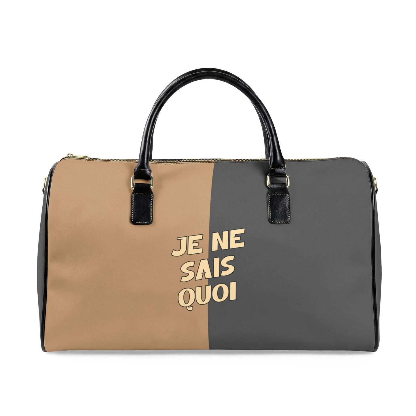 Two-toned duffel bag with 'Je Ne Sais Quoi' text on a white background