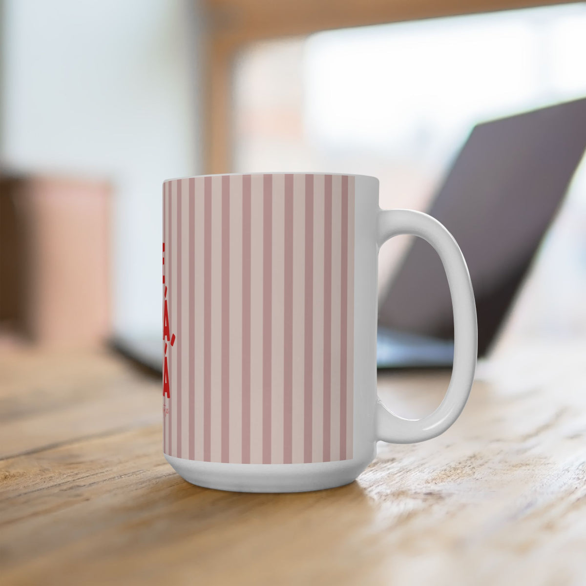 Que Será, Será Ceramic Coffee Mug – Pink Striped Inspirational Tea Cup (11oz/15oz)