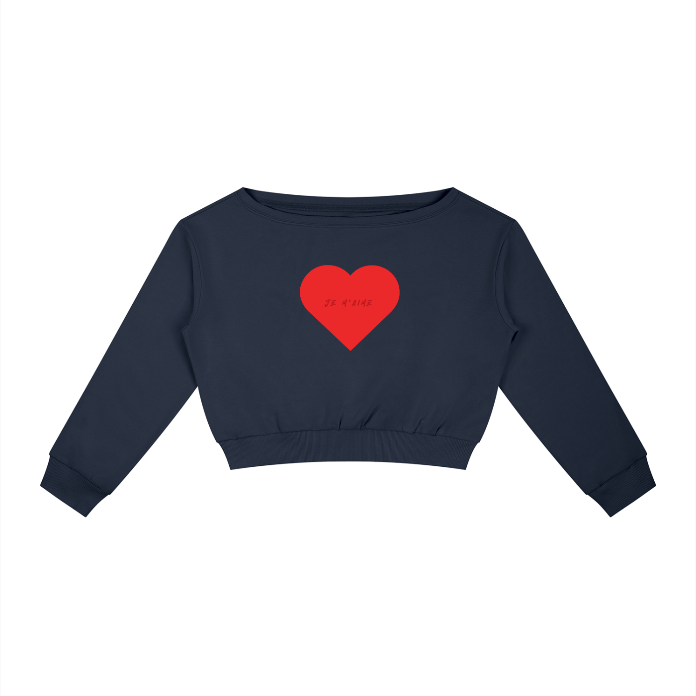 A navy blue long-sleeve crop top sweatshirt with a red heart graphic on the chest containing the text 'I LOVE YOU' in red script, displayed on a clean white background.