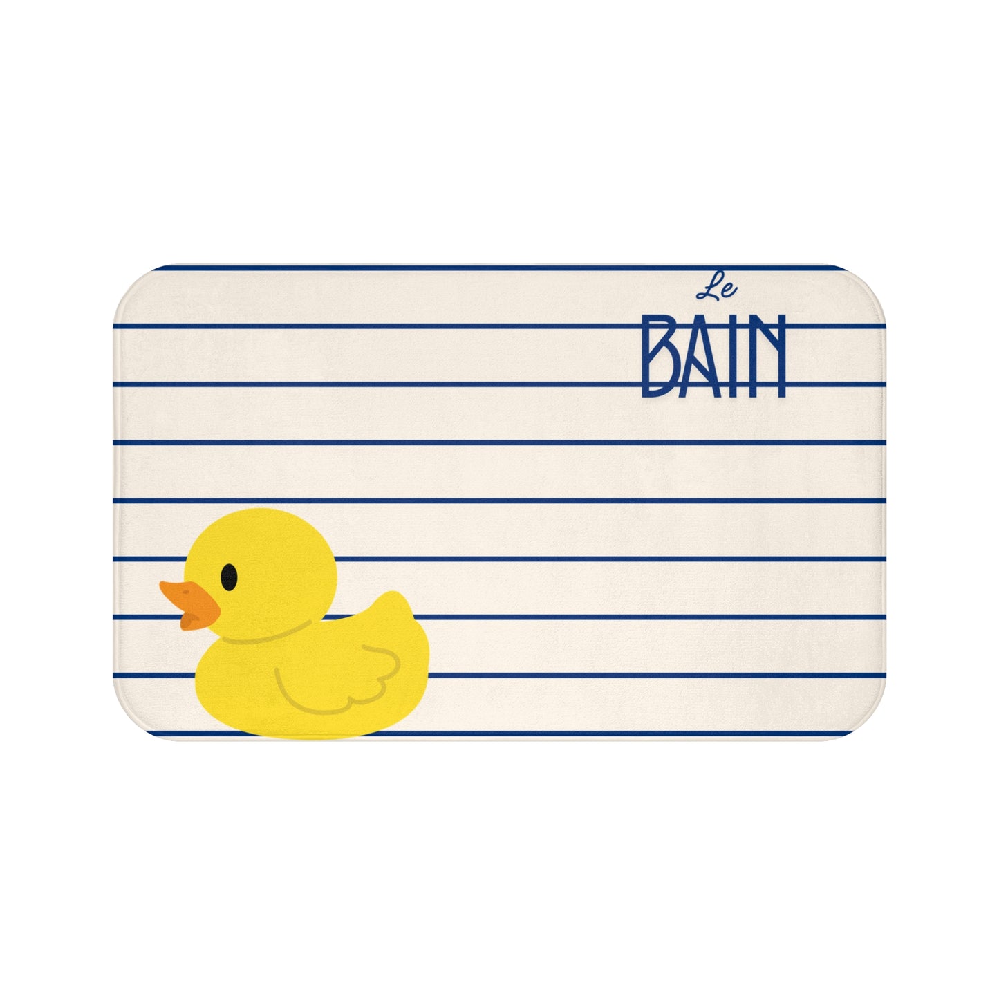Rectangular bath mat with blue stripes and a yellow rubber duck, featuring the text 'Le Bain'.