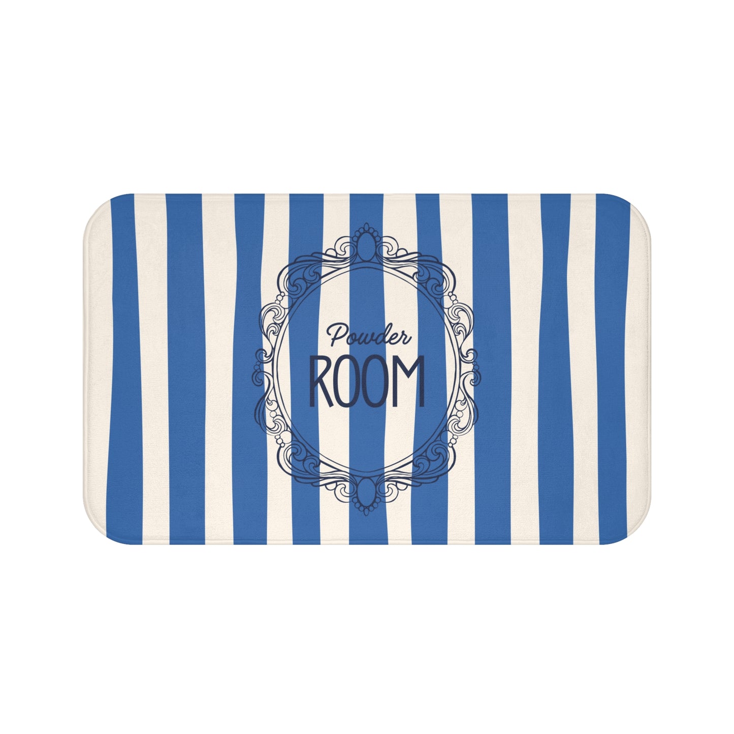 Striped mat with 'Powder Room' text and decorative frame on a white background