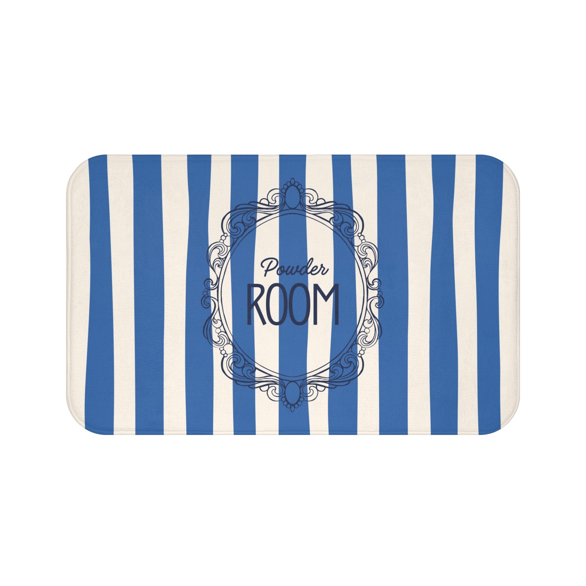 Striped mat with 'Powder Room' text and decorative frame on a white background