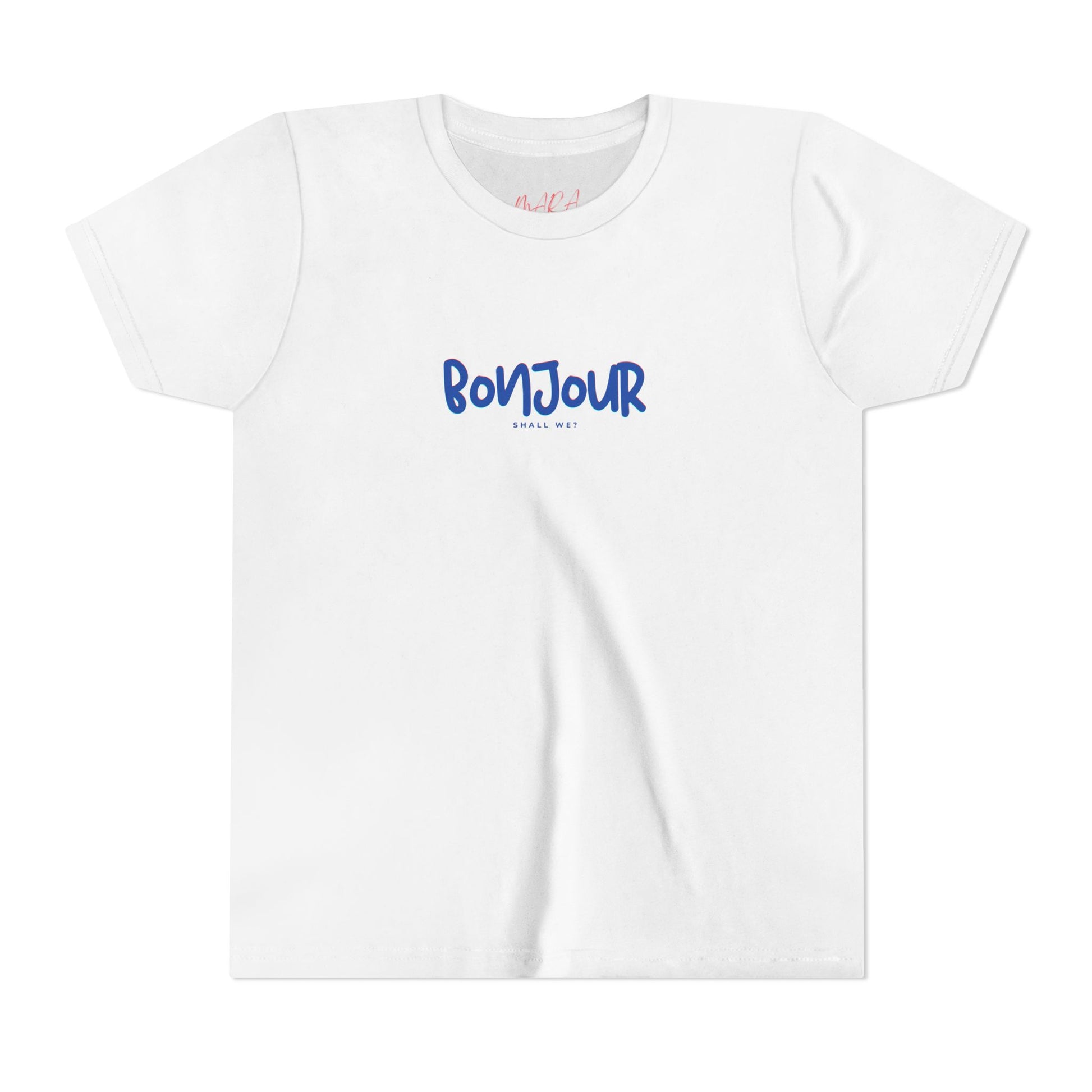 White t-shirt with 'Bonjour' text in blue on a white background