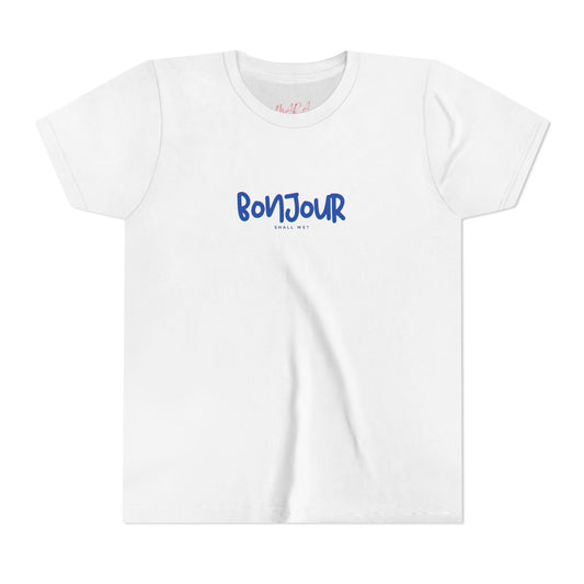 White t-shirt with 'Bonjour' text in blue on a white background
