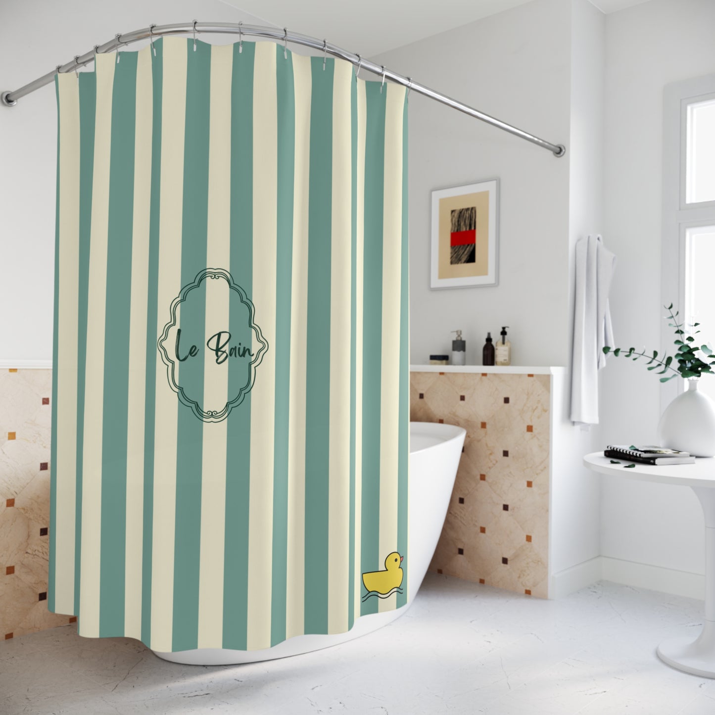 Striped shower curtain with 'Le Bain' logo in a bathroom setting