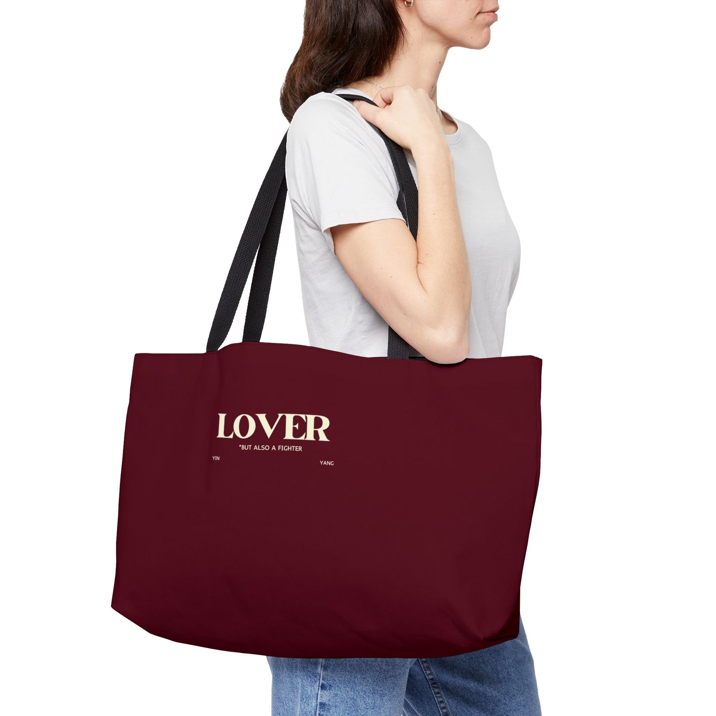 LOVER, but also a Fighter, Cherry Cola Red Oversized Tote Bag