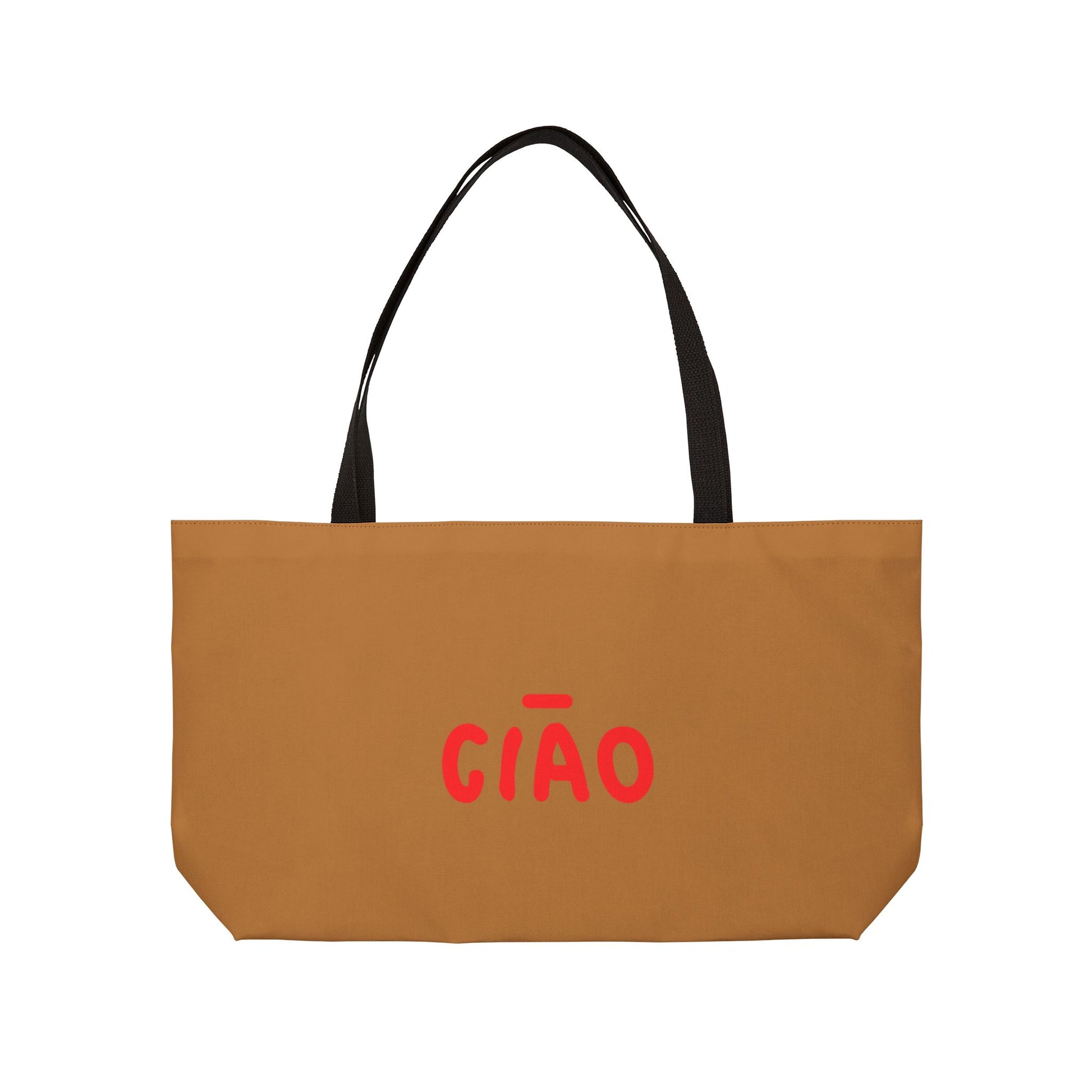 Brown tote bag with red 'CIAO' text on a white background