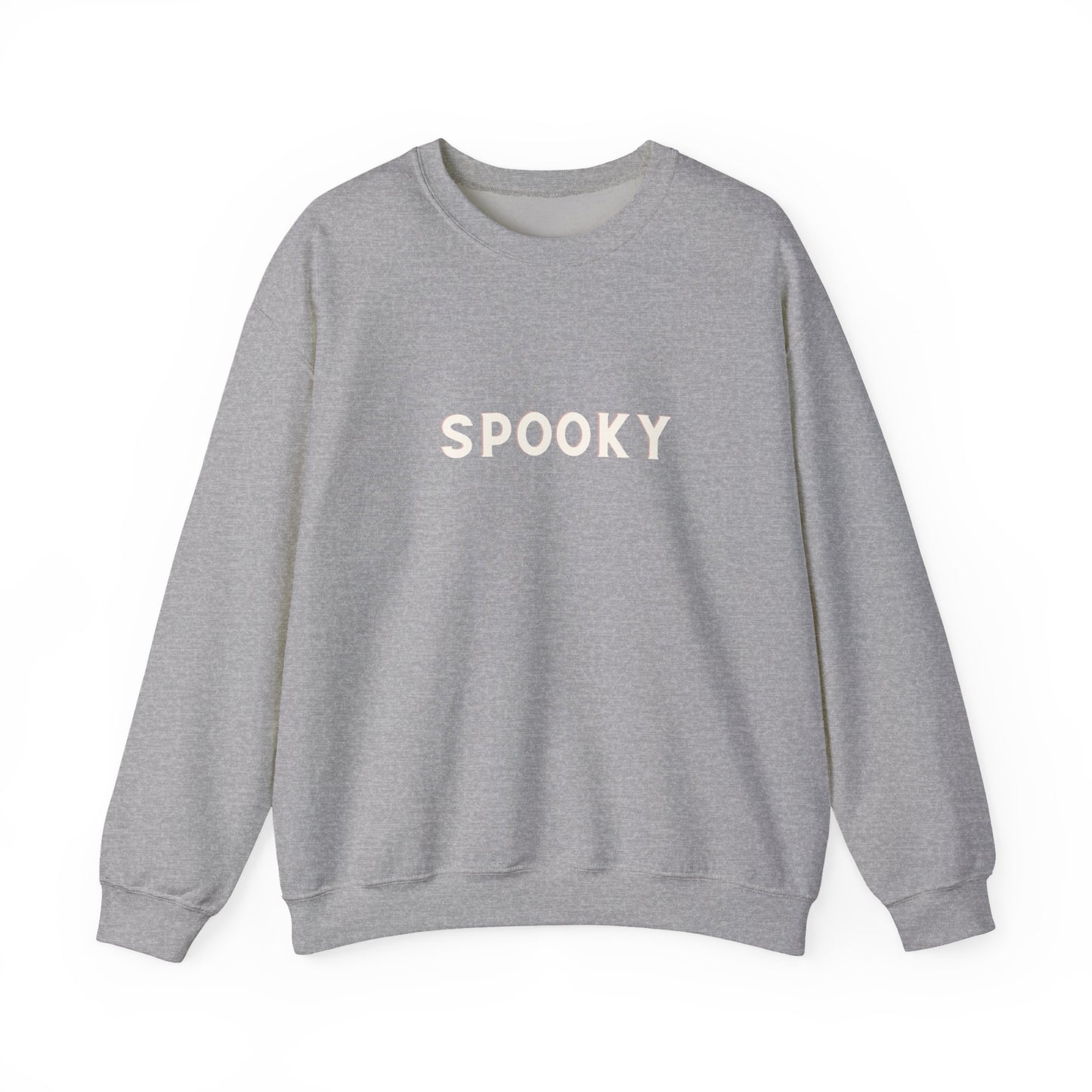 Gray sweatshirt with 'SPOOKY' text on a white background