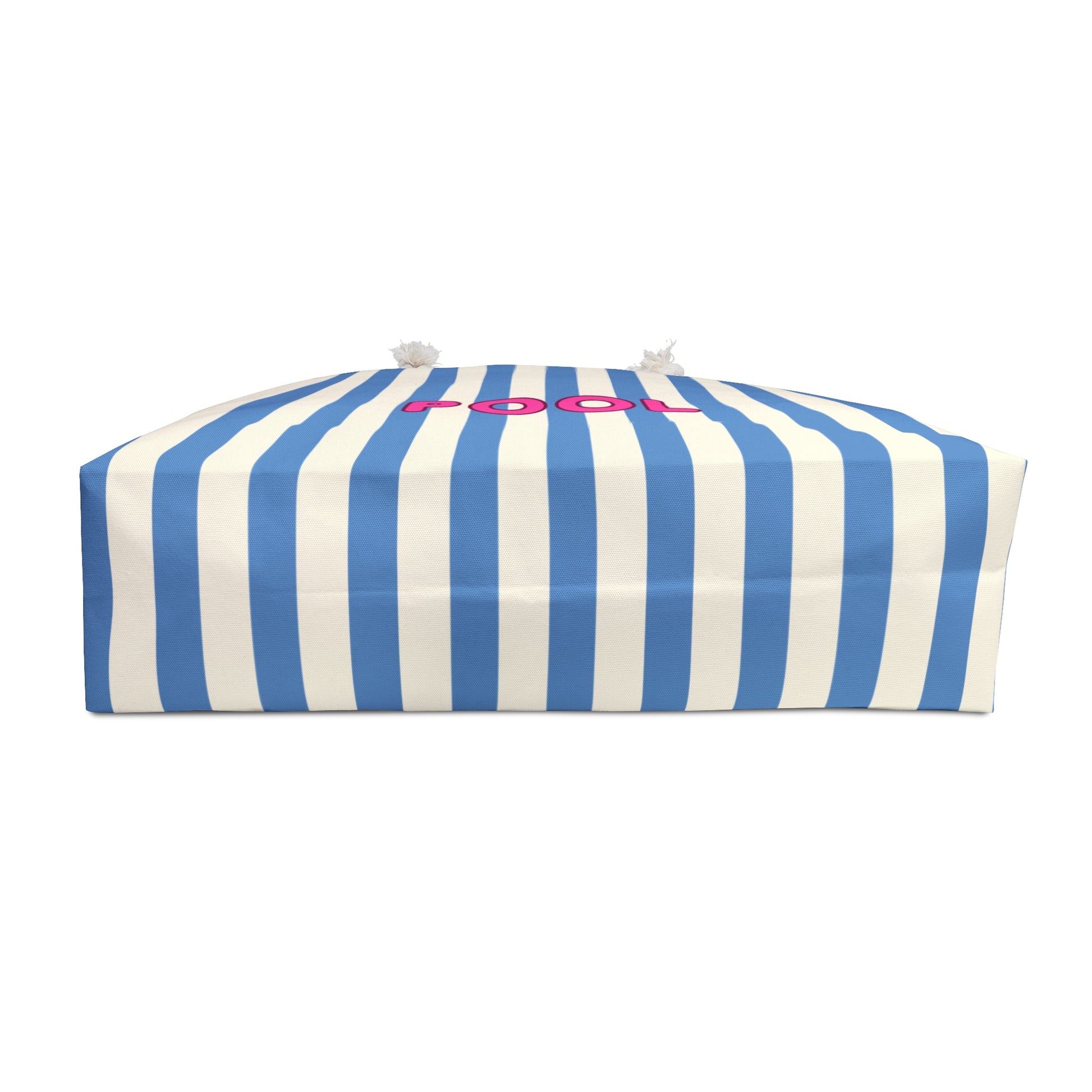 Blue and white striped cushion with 'cool' text on a white background