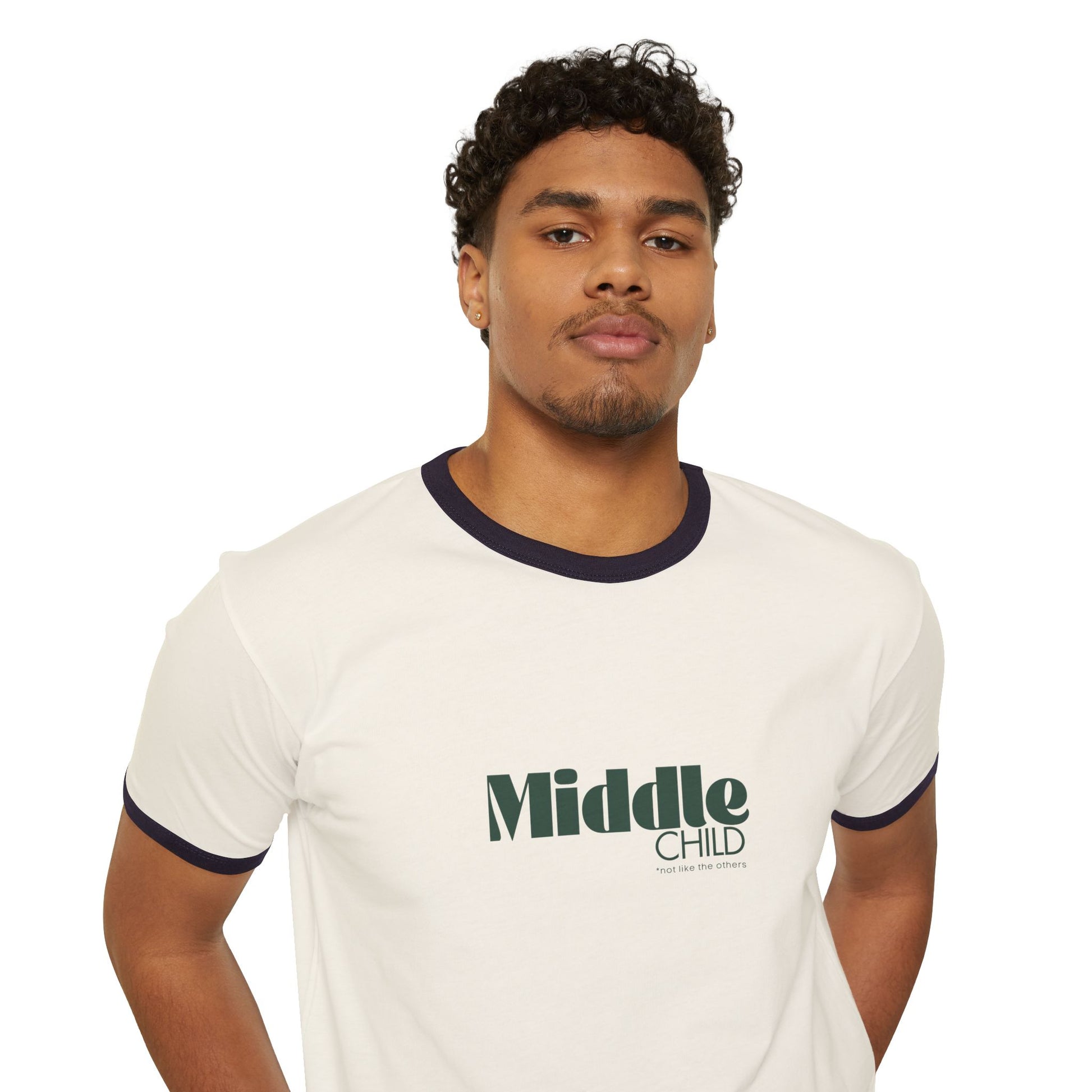 Man wearing a white t-shirt with 'Middle Child' text on a white background