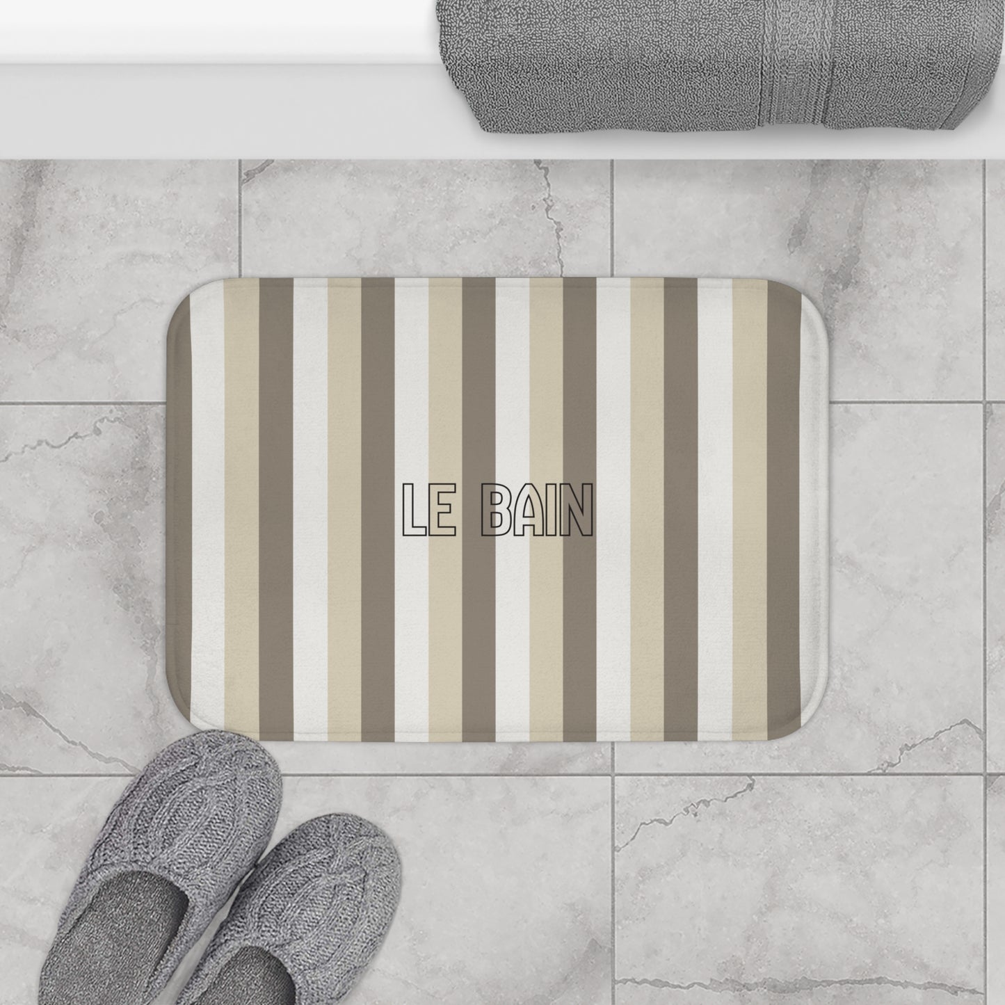 Le Bain Striped Bath Mat — Neutral Beige & Taupe Modern Bathroom Rug