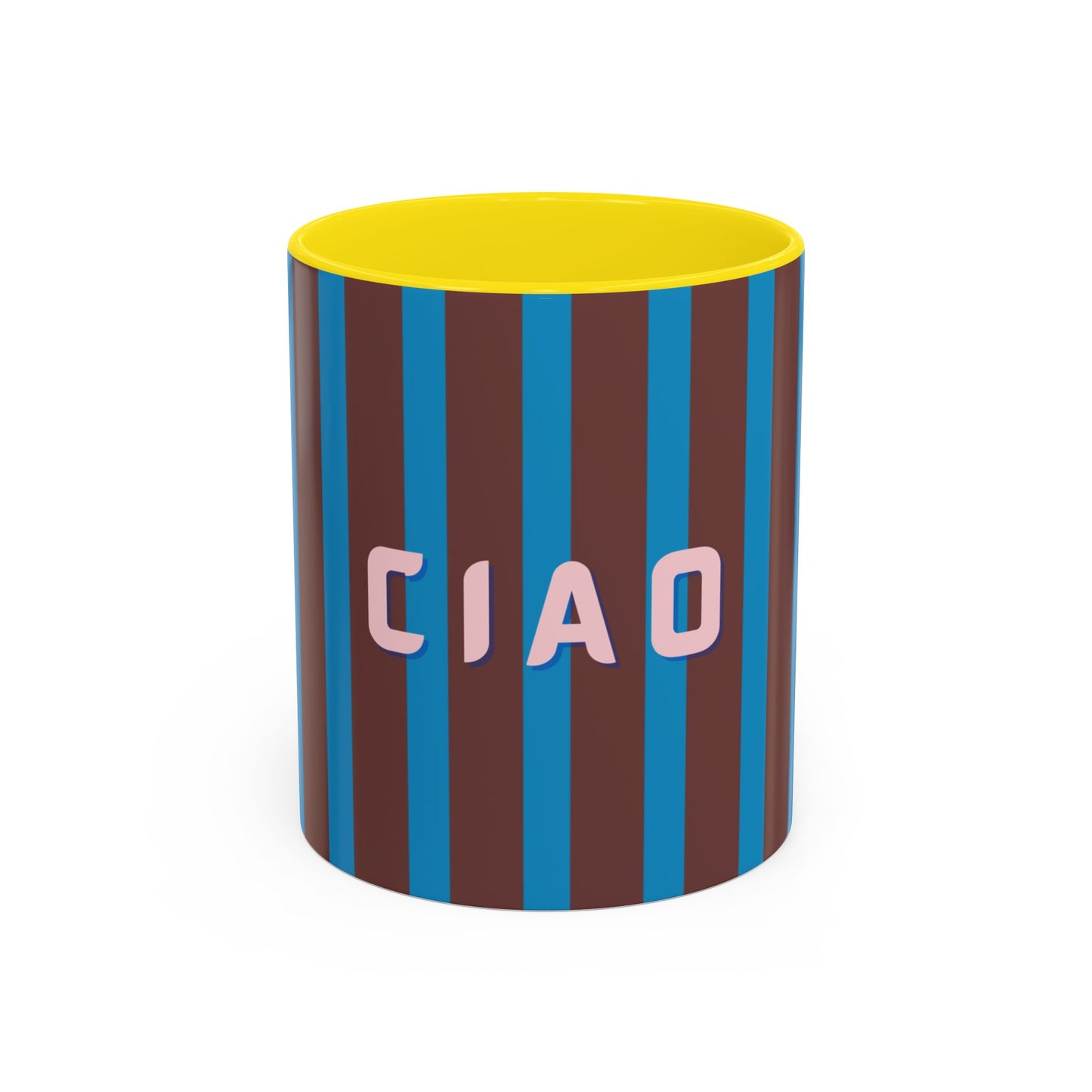 Cylindrical container with brown and blue striped design and yellow top on a white background
