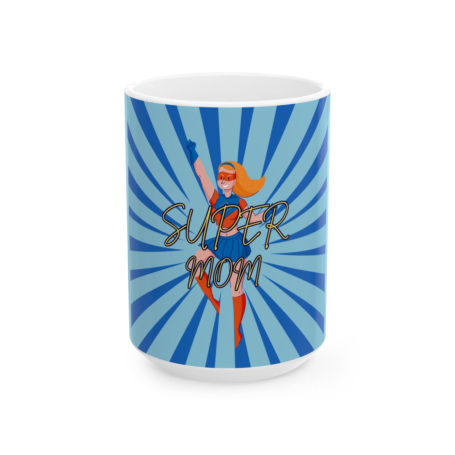 Mug with 'Super Mom' design featuring a superhero woman on a blue radial background