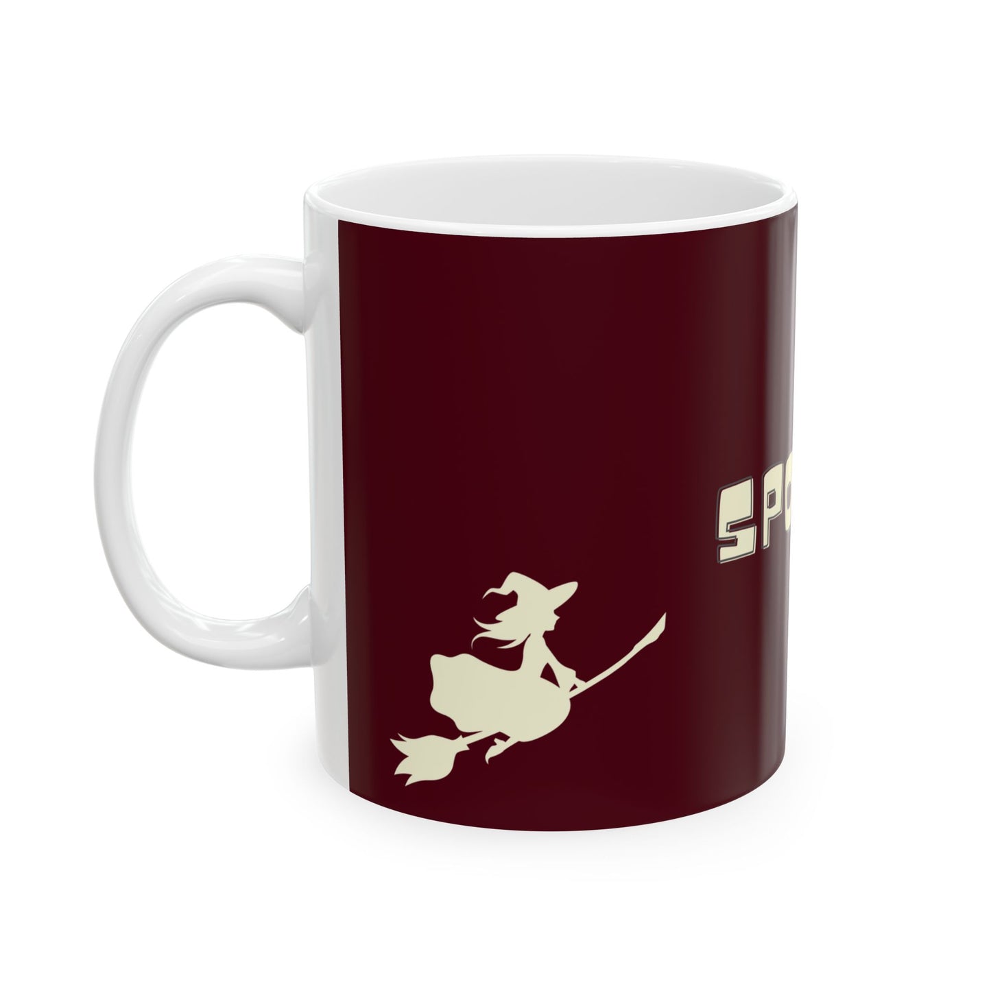 Mug with a silhouette of a witch on a broomstick and the word 'Spooktacular' on a white background
