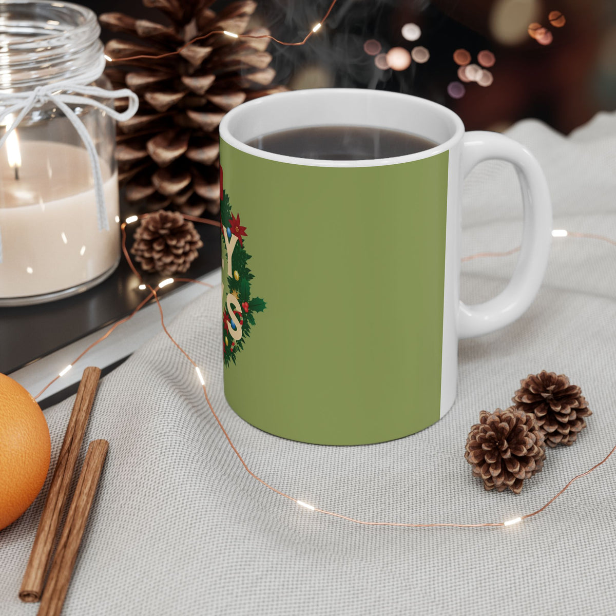 Mug with cow pattern on a table with decorative items