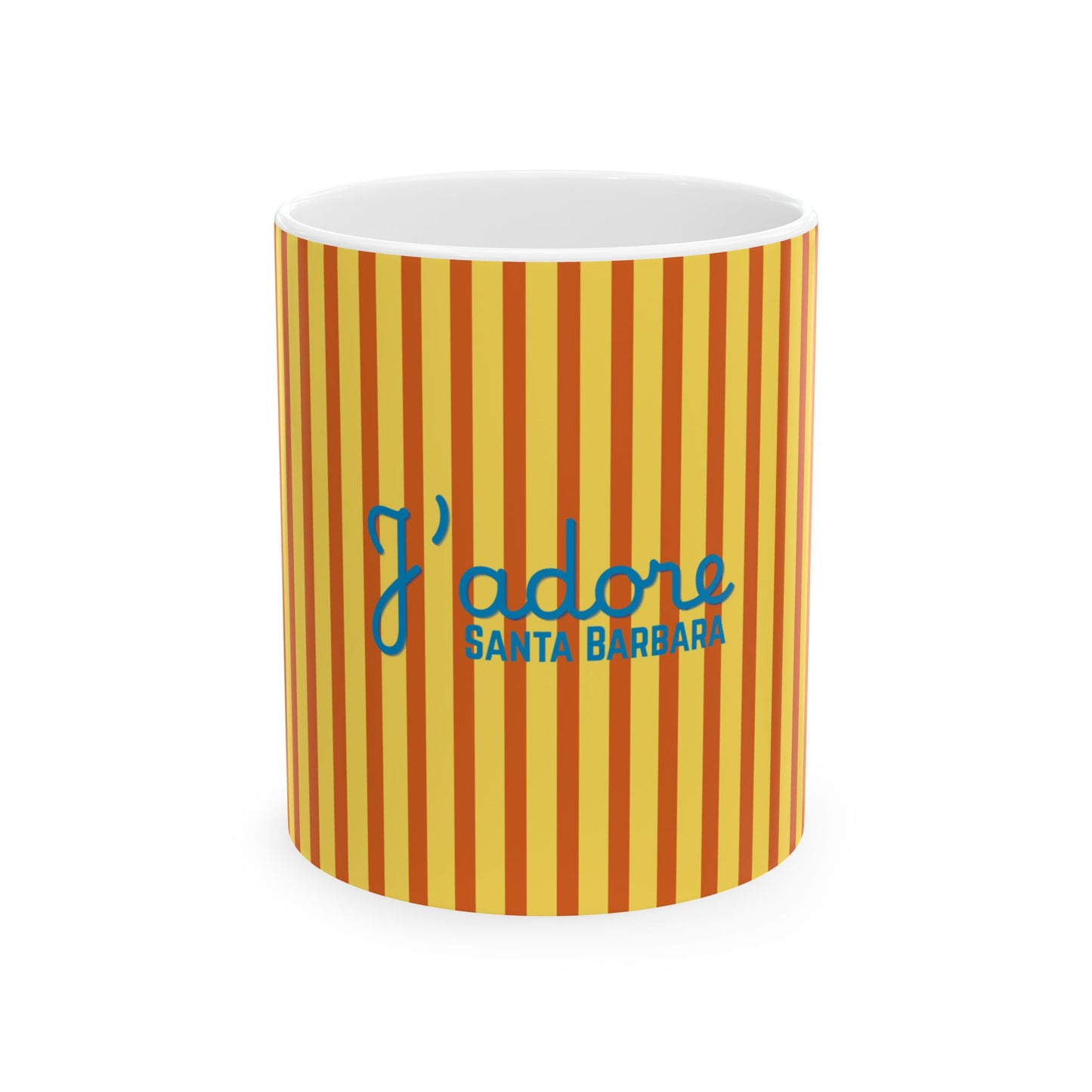 A white ceramic mug featuring a yellow and orange vertical striped pattern, with the blue text 'I adore SANTA BARBARA' printed on the front, set against a plain white background.