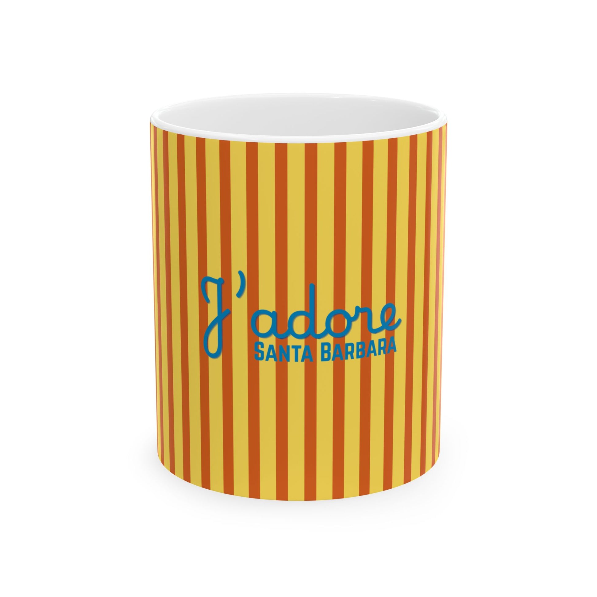A white ceramic mug featuring a yellow and orange vertical striped pattern, with the blue text 'I adore SANTA BARBARA' printed on the front, set against a plain white background.