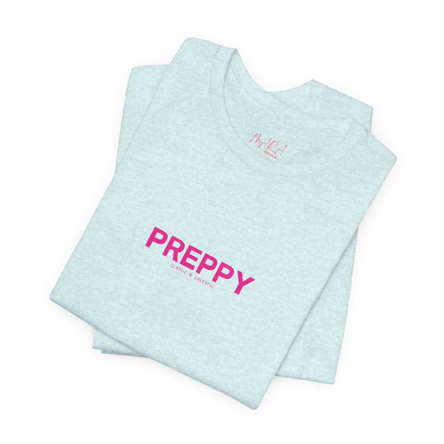 Light blue sleeveless top with pink 'PREPPY' text on a white background