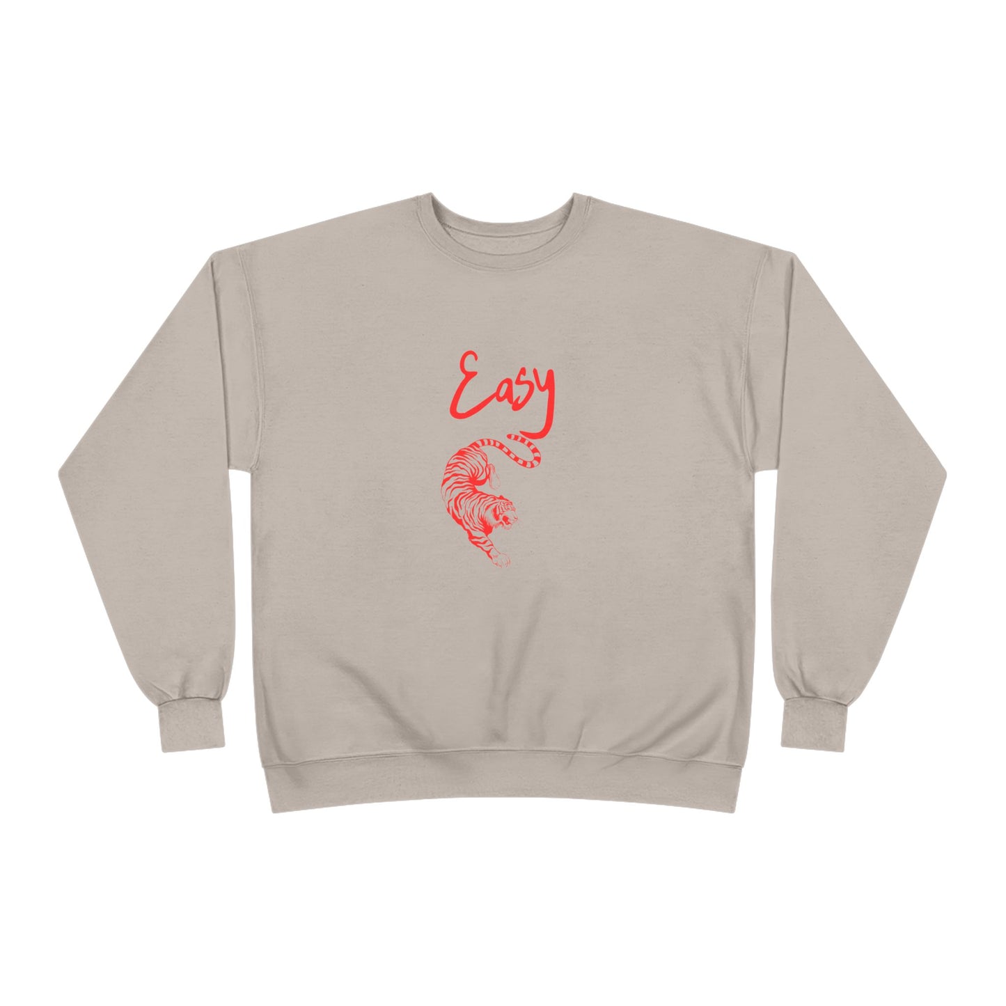 Beige sweatshirt with red 'Easy'TIGER text and graphic on a white background