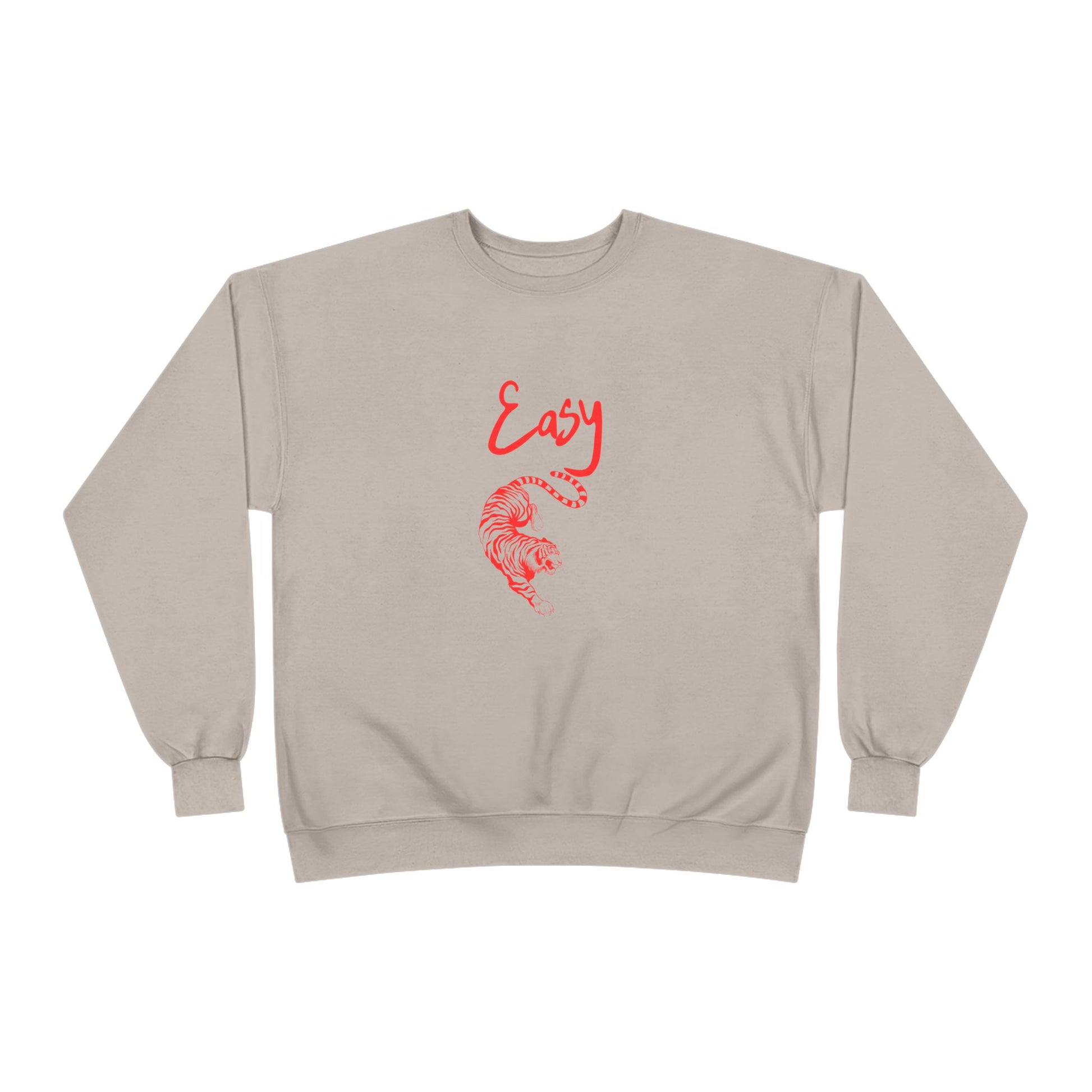 Beige sweatshirt with red 'Easy'TIGER text and graphic on a white background