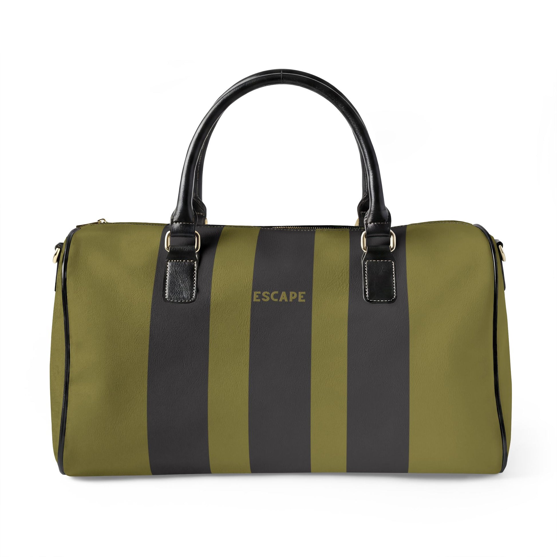Green and black striped duffel bag with 'ESCAPE' branding on a white background