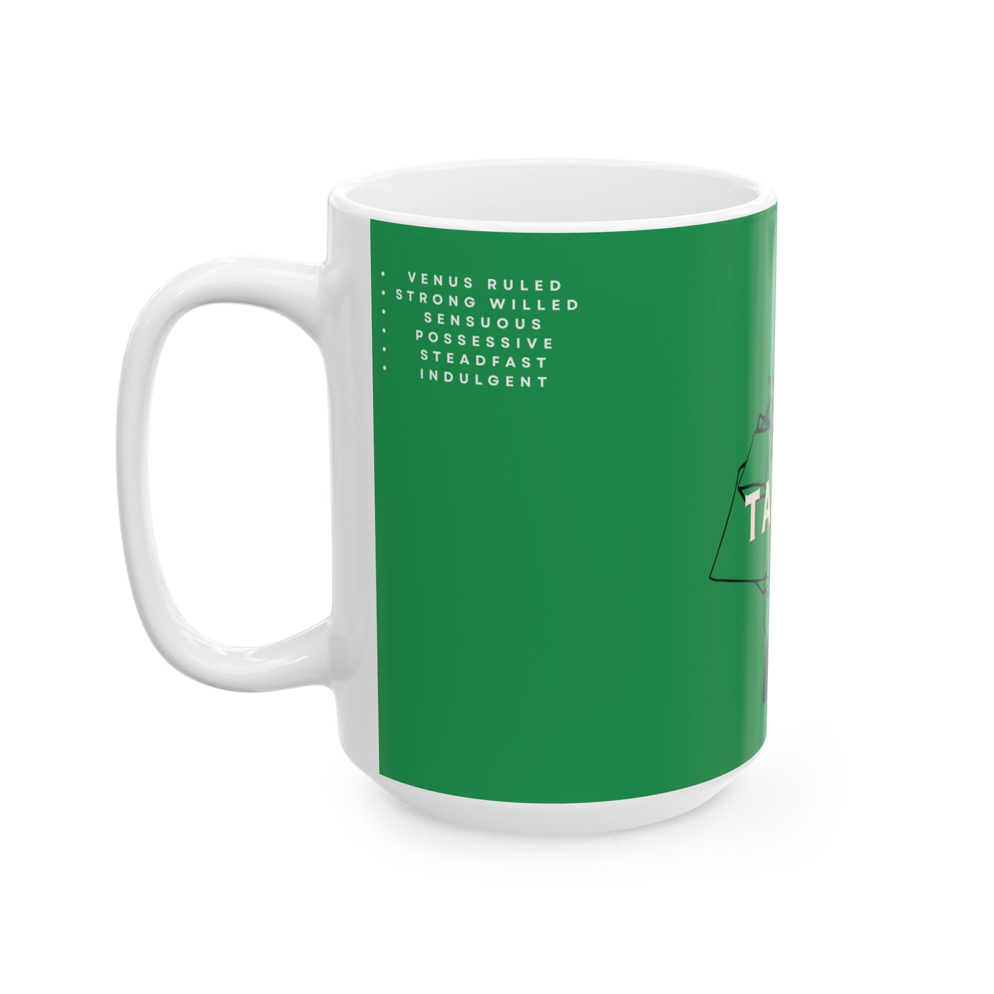 Green mug with text and a triangle symbol on a white background