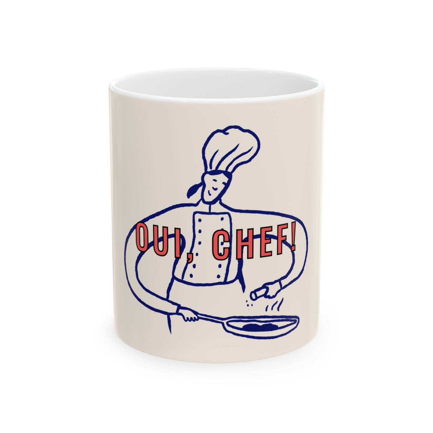 Mug with a chef graphic and 'Oui, Chef!' text on a white background